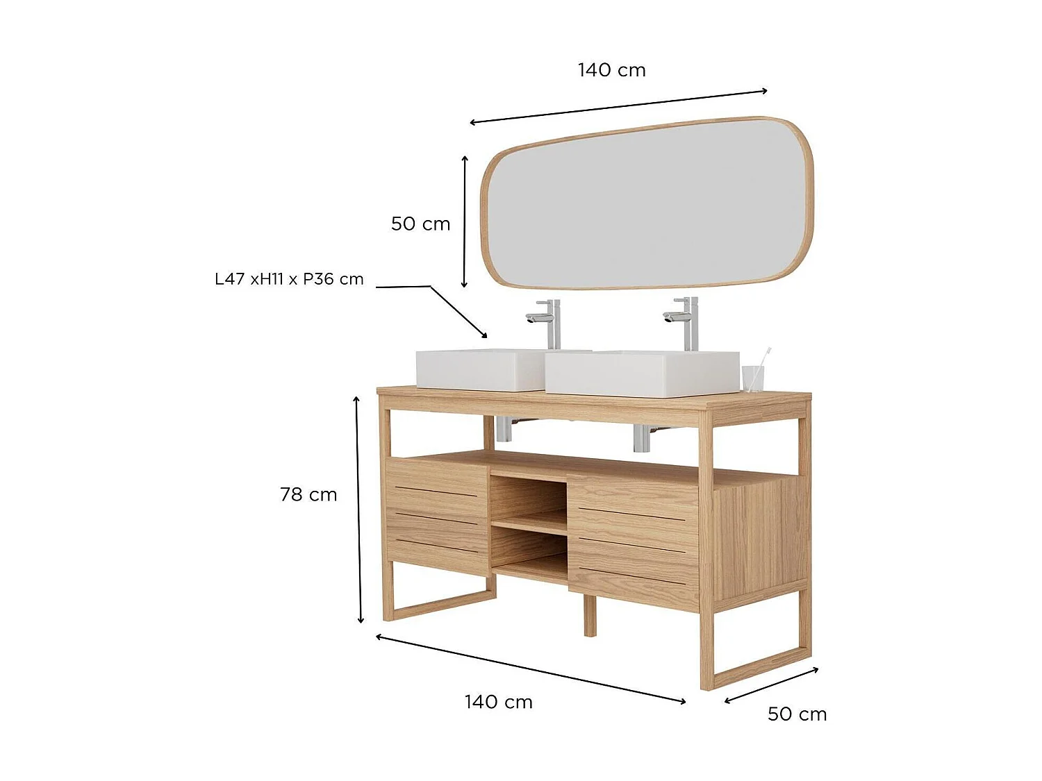 Conjunto mueble doble lavabo 140 cm + Lavabos + Grifos + Espejo ATOLL
