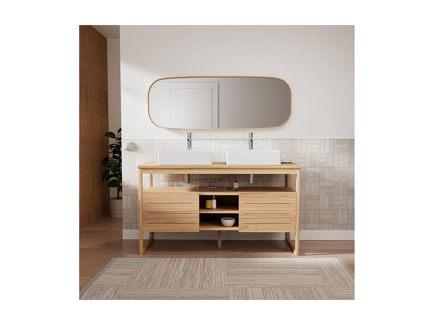 Ensemble meuble double vasque  ATOLL 140 cm + Vasques + Robinets + Miroir