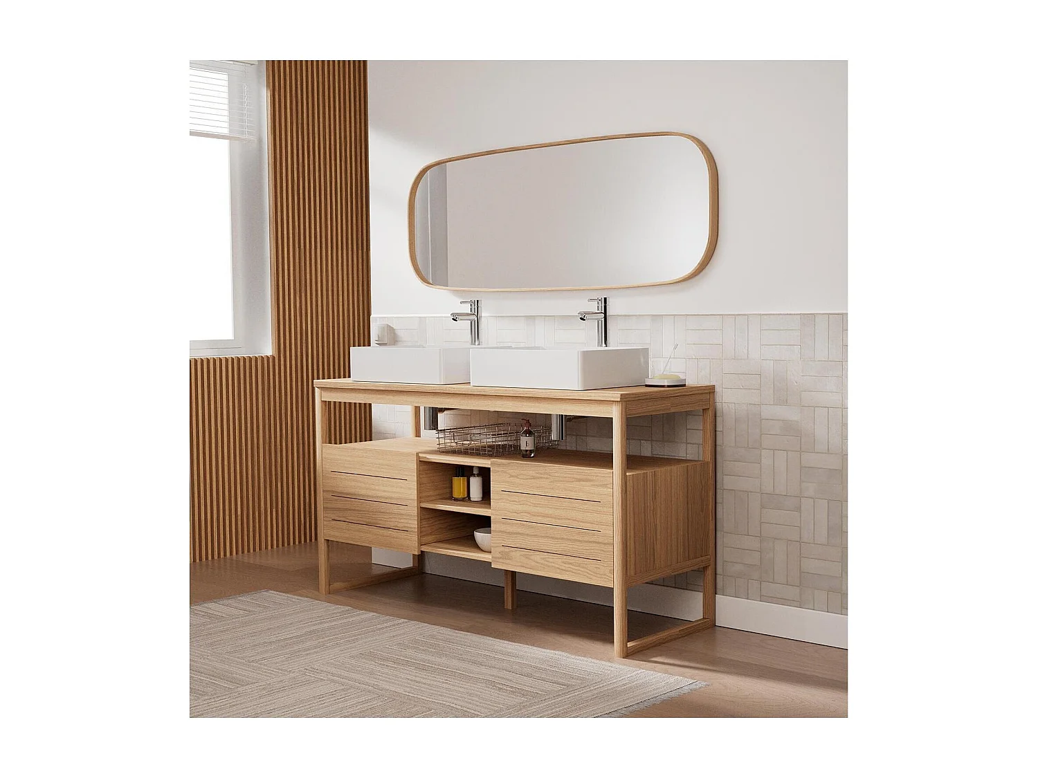 Ensemble meuble double vasque  ATOLL 140 cm + Vasques + Robinets + Miroir