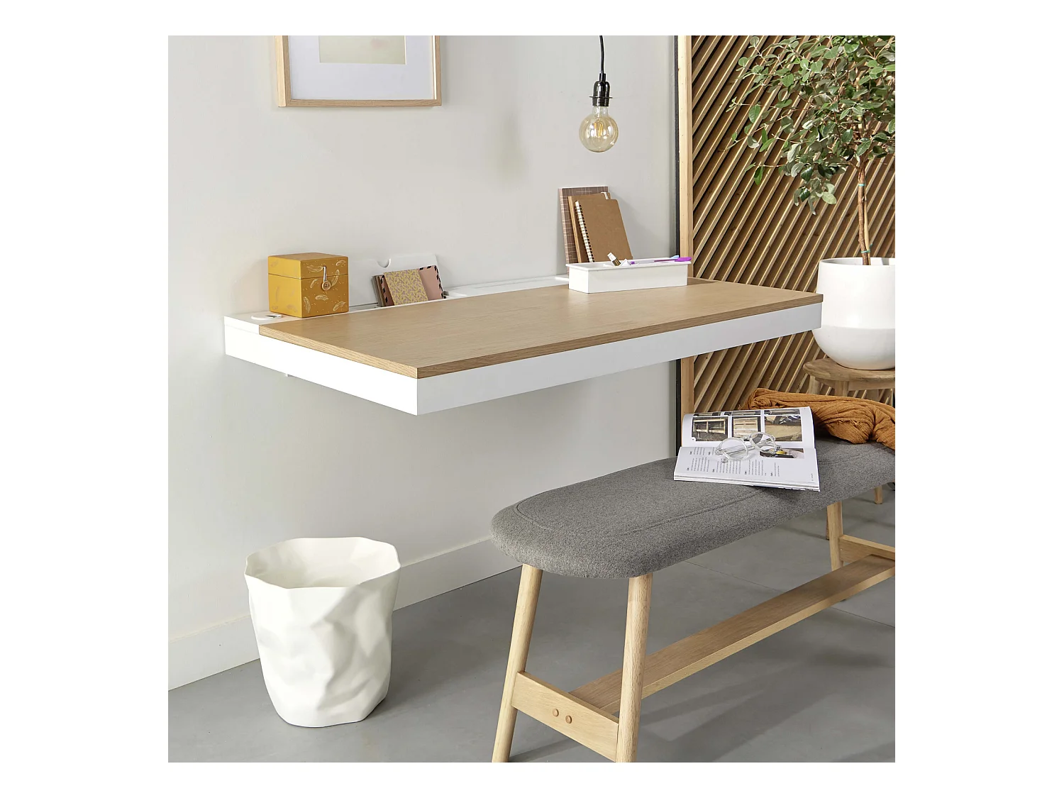 Bureau mural chêne et blanc 120cm - avec passe câbles
