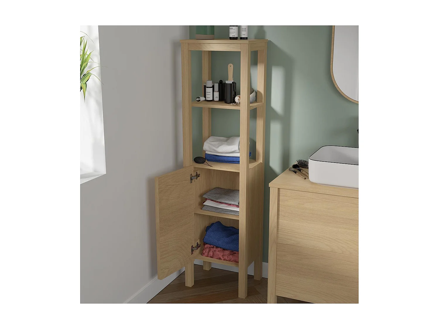 Colonne de salle de bain sur pieds chêne NESTO 145cm porte lisse