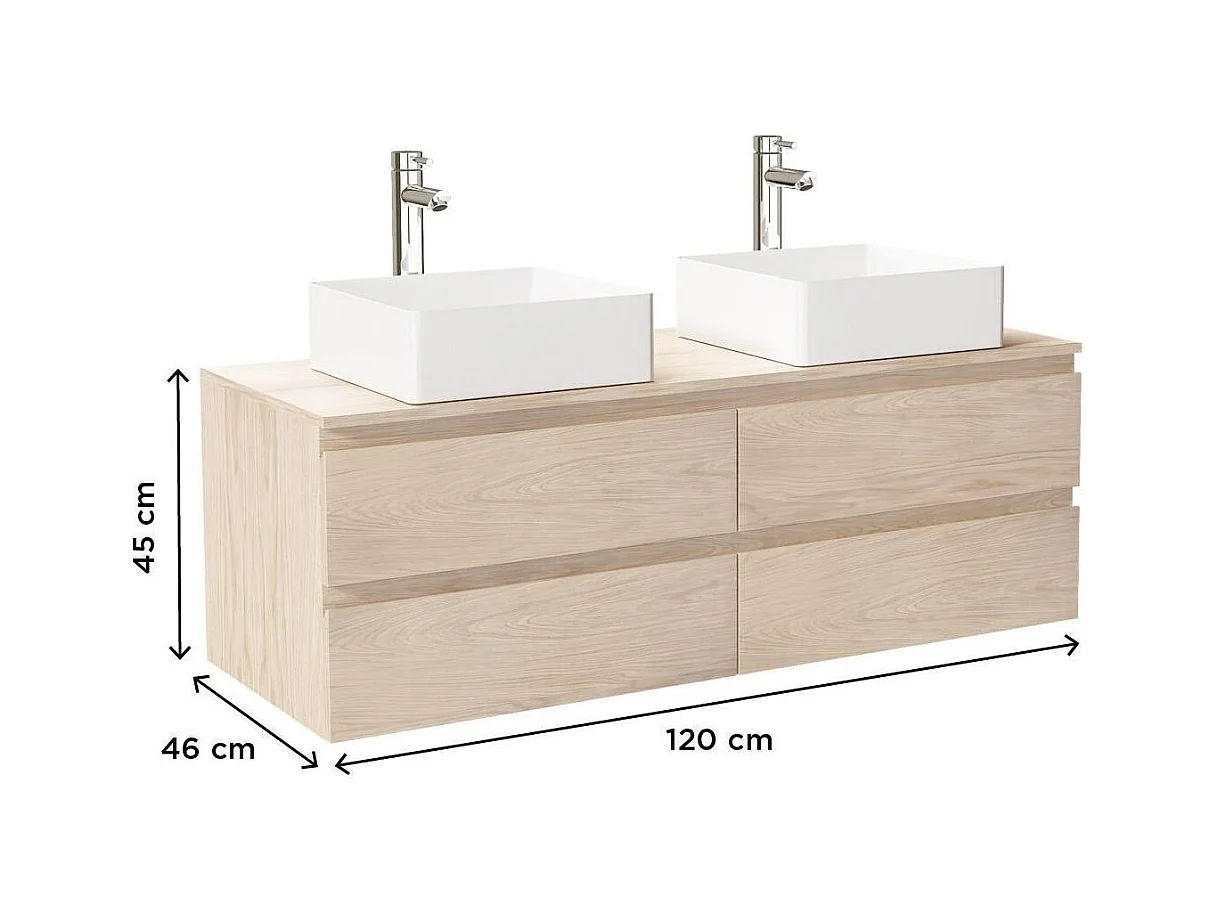 Mueble de pared SORRENTO de 120 cm con doble fregadero y encimera de madera