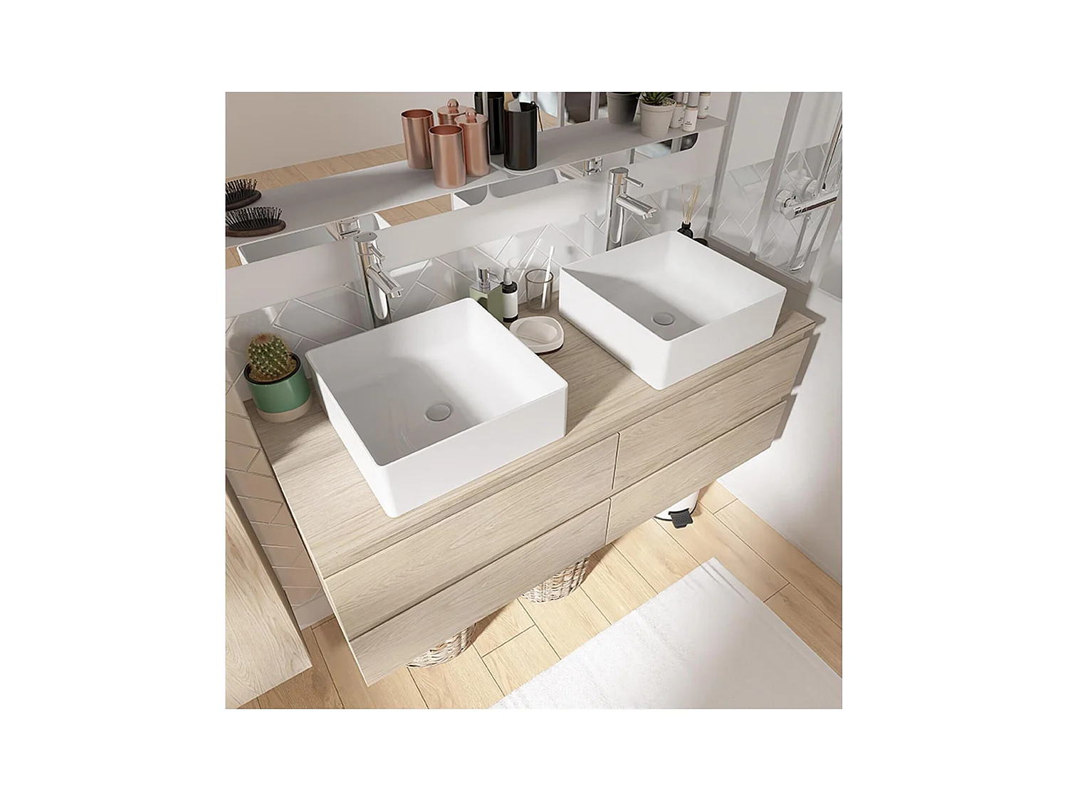 Mueble de pared SORRENTO de 120 cm con doble fregadero y encimera de madera