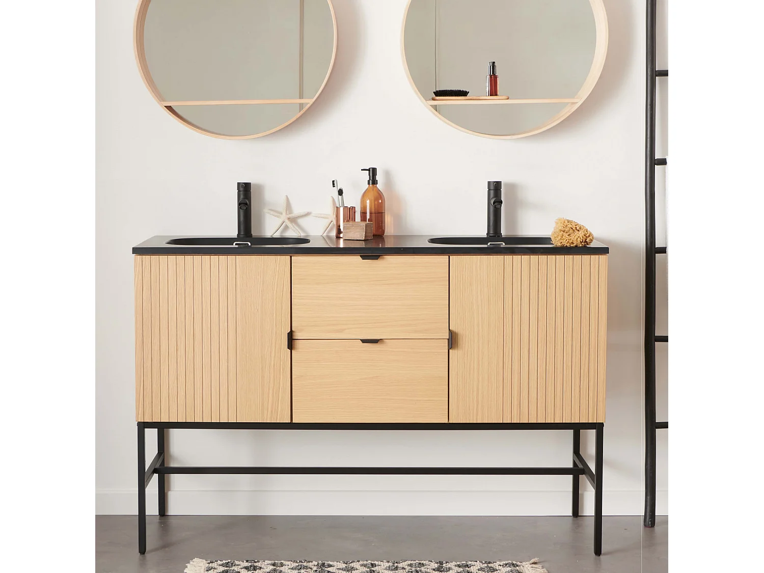 Mueble de lavabo doble STUDIO roble 140cm sobre patas con encimera de lavabo de resina