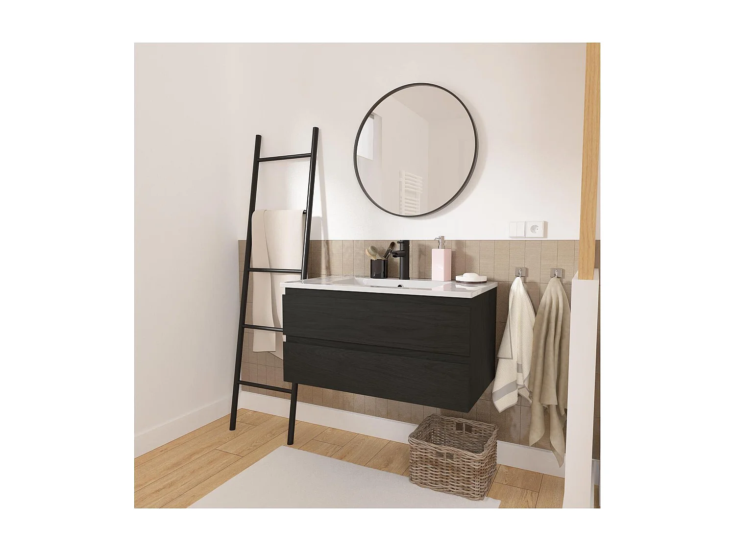 Meuble simple vasque suspendu 80cm - avec plan vasque céramique