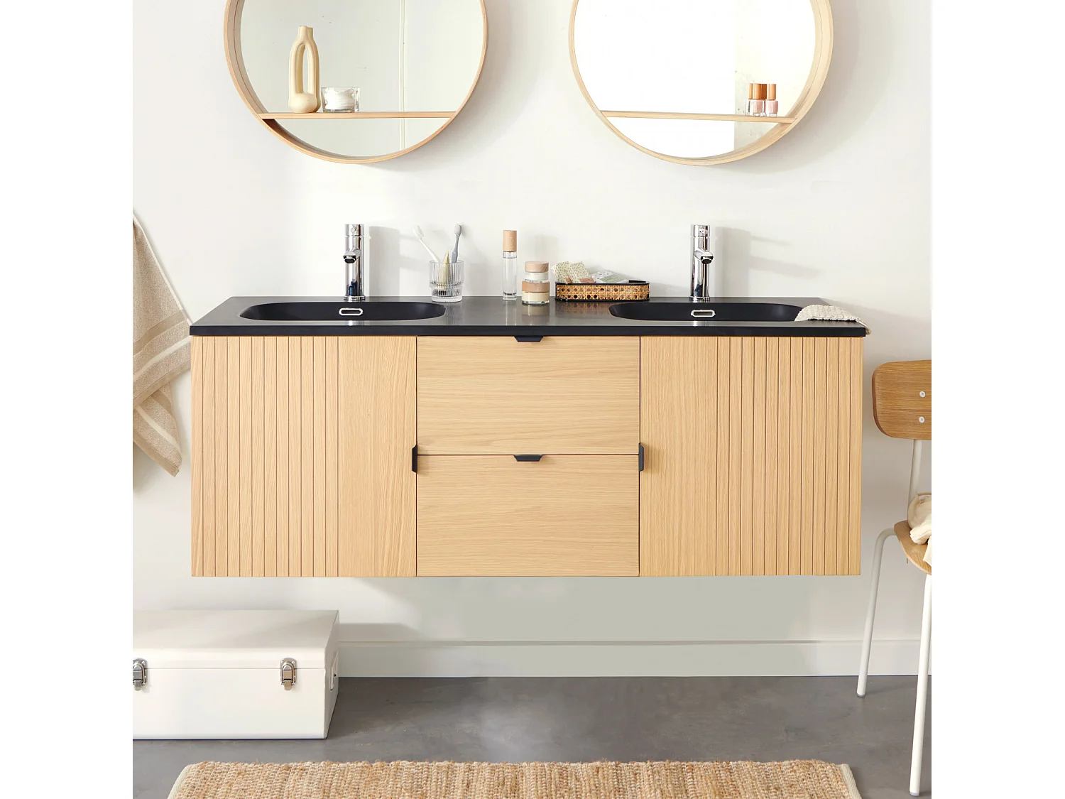 Mueble alto STUDIO de roble doble de 140 cm con encimera de resina