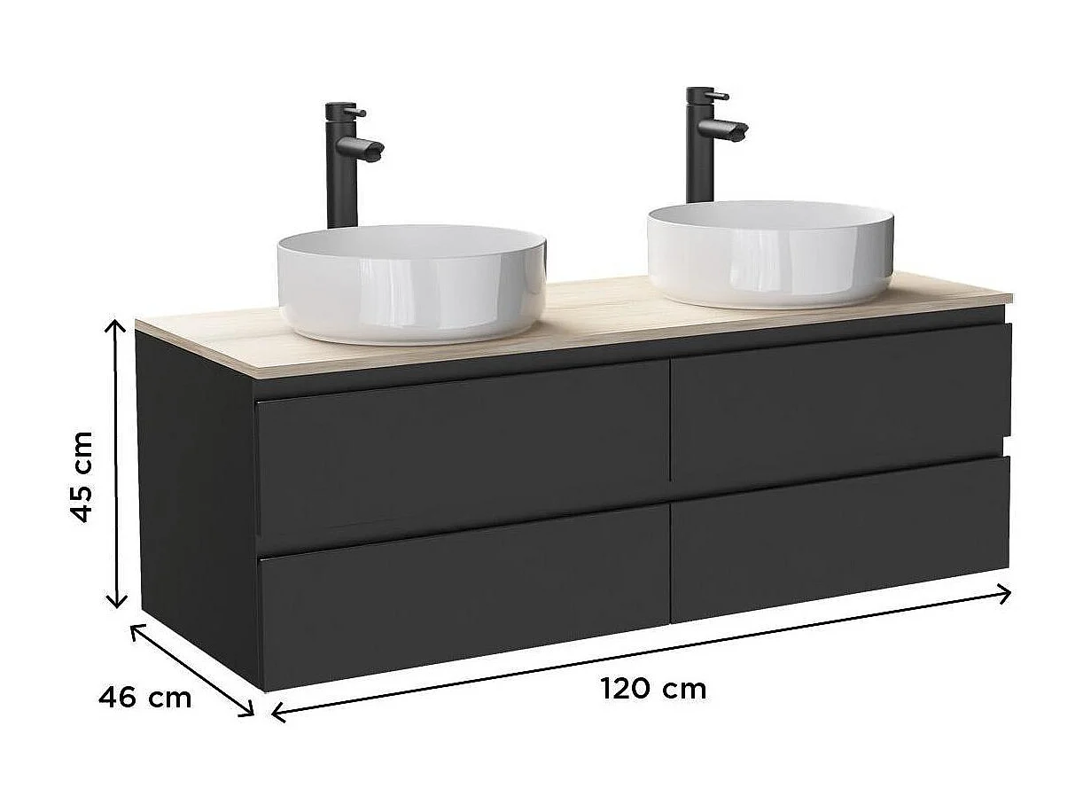 Mueble de pared SORRENTO de 120 cm con doble fregadero y encimera de madera