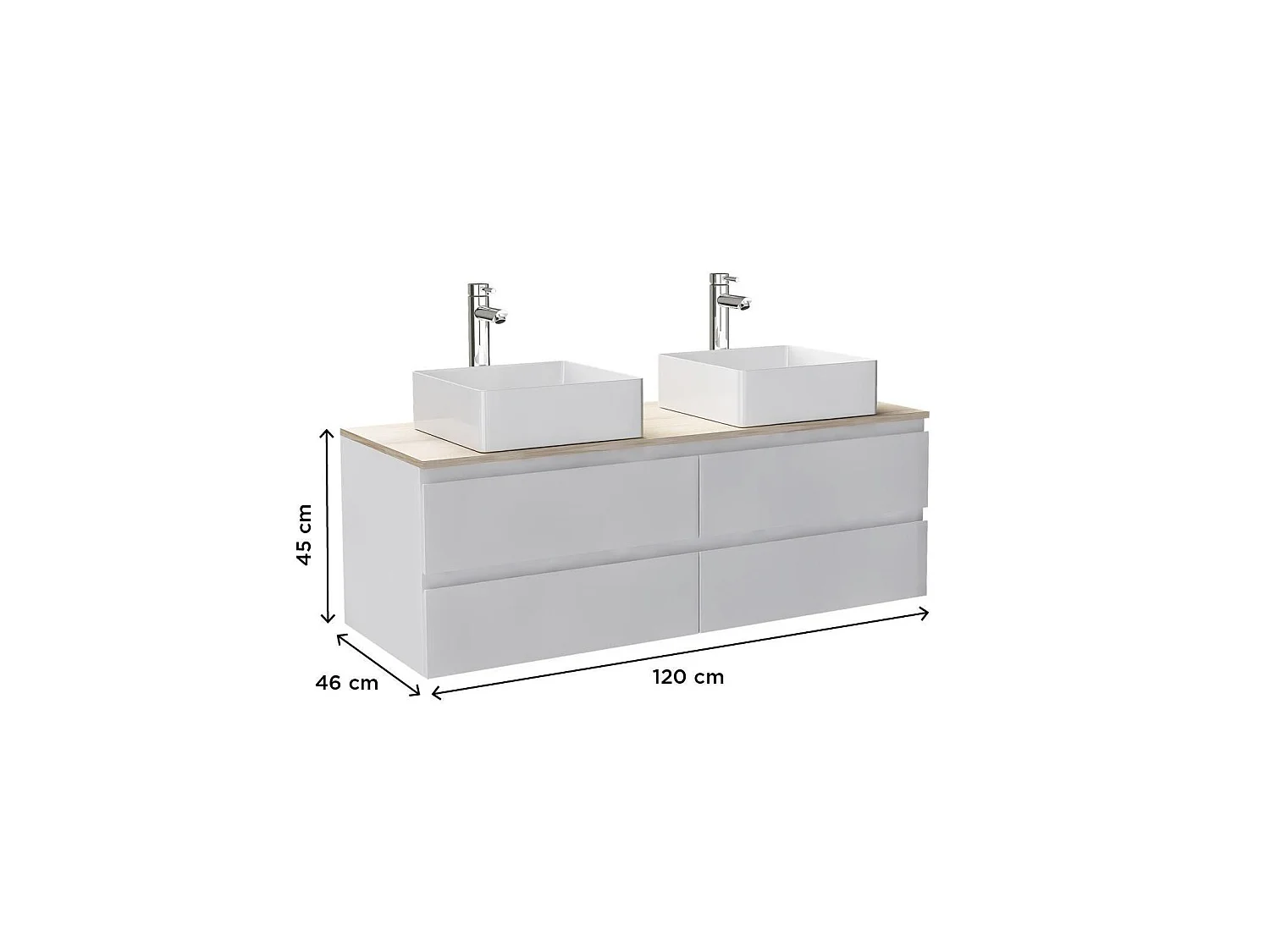 SORRENTO 120 cm wandgemonteerd badmeubel met dubbele wastafel en werkblad met houtlook
