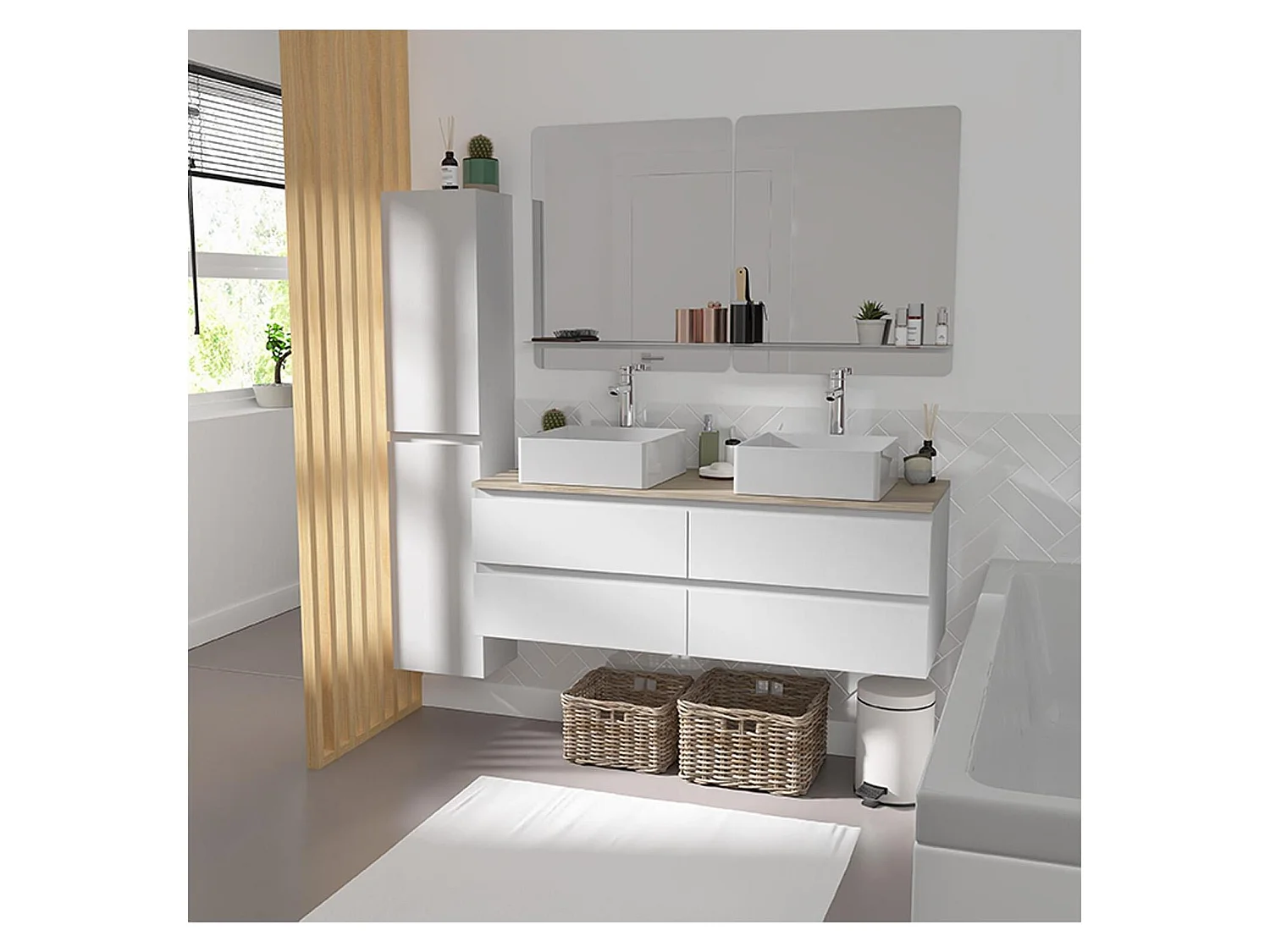 SORRENTO 120 cm wandgemonteerd badmeubel met dubbele wastafel en werkblad met houtlook