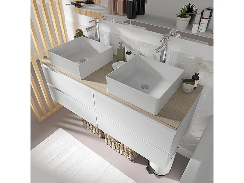 Meuble double vasque SORRENTO suspendu avec plan effet bois 120 cm