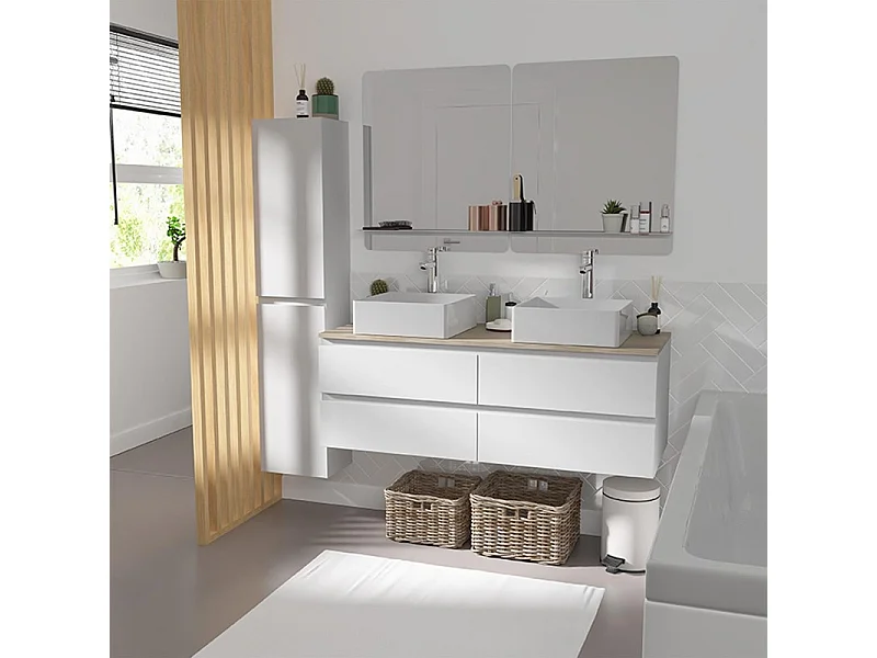 Meuble double vasque SORRENTO suspendu avec plan effet bois 120 cm