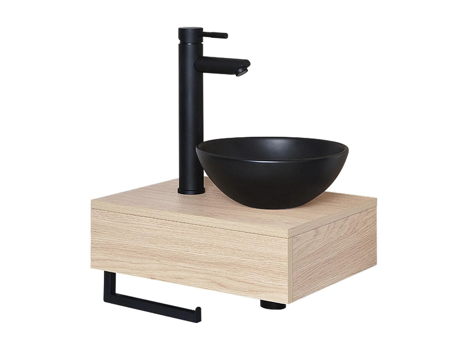 Meuble lave-mains plan épais porte-serviettes dessous + vasque noire + robinet