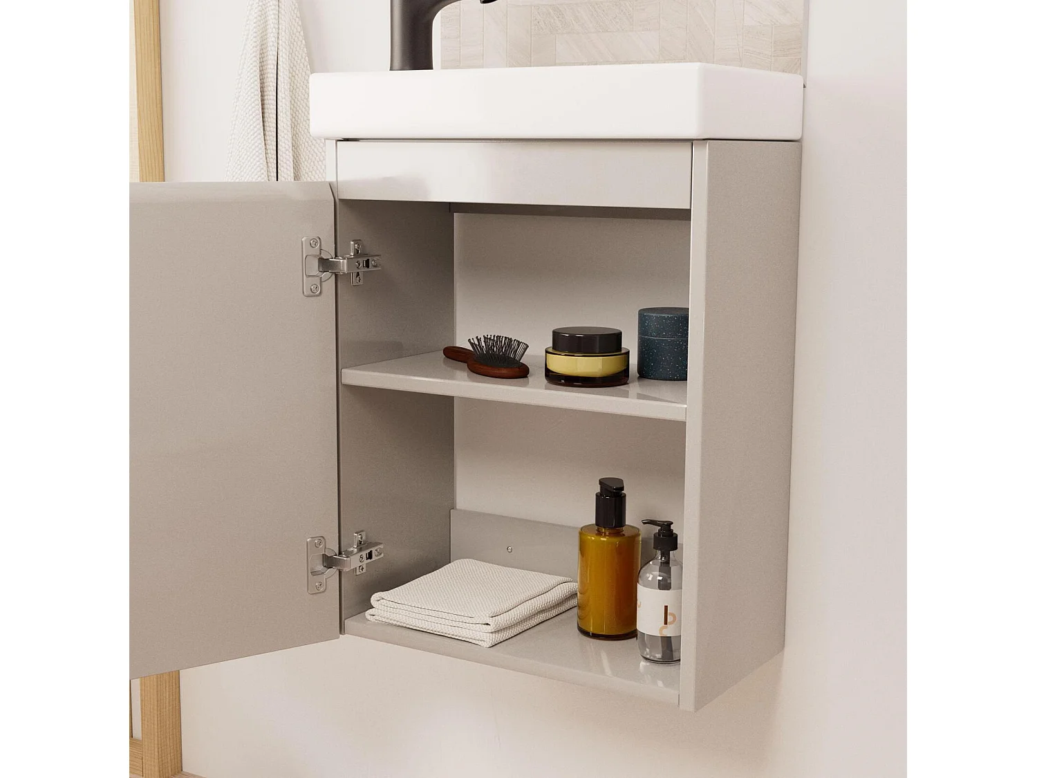 Ensemble lave-mains suspendu avec robinet noir et miroir ovale