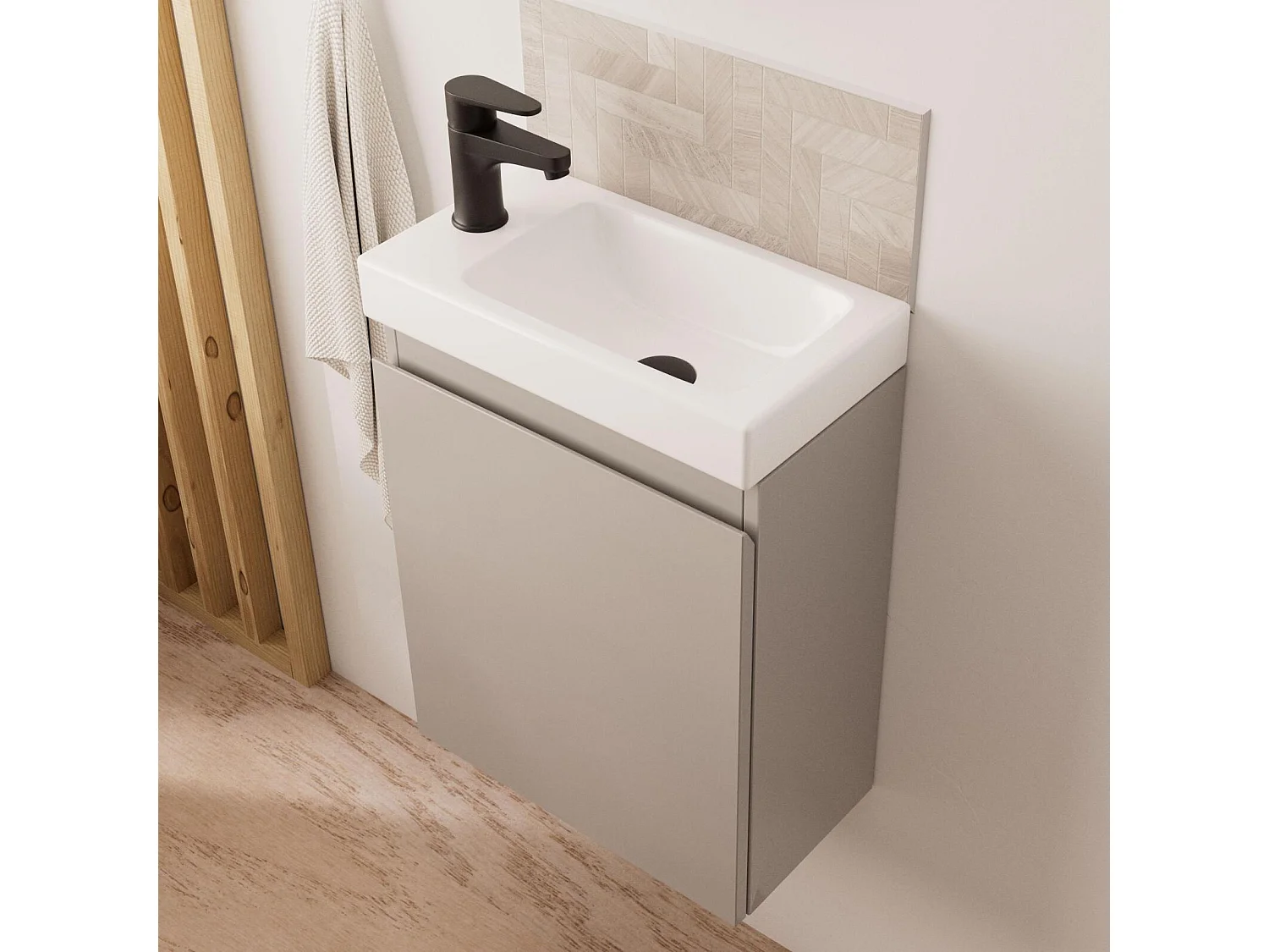 Meuble lave-mains LISA + robinet noir + miroir ovale