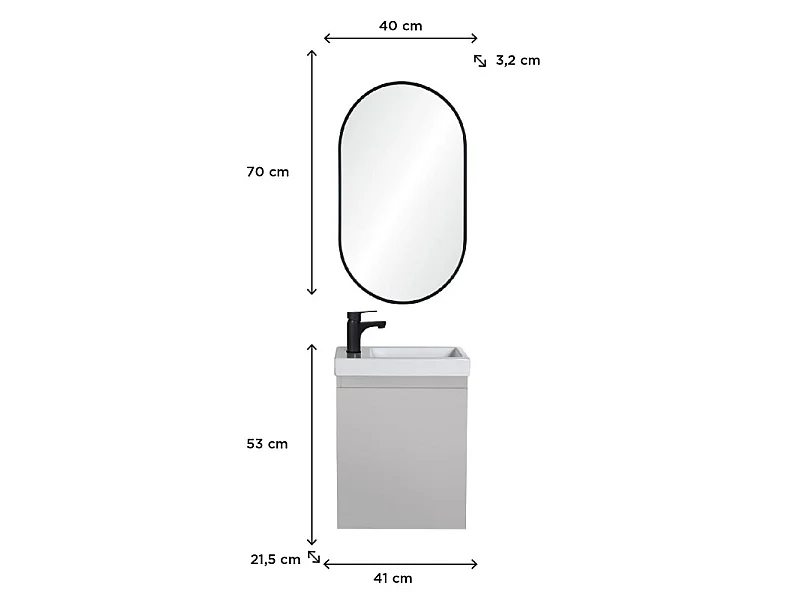 Meuble lave-mains LISA + robinet noir + miroir ovale
