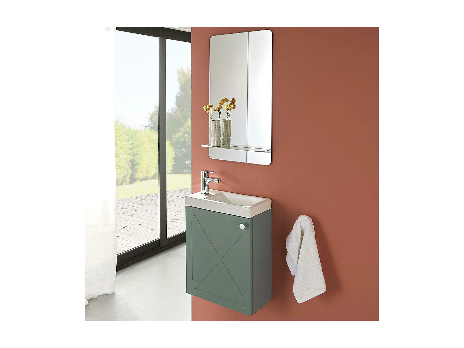Ensemble meuble lave-mains vert de gris AVA avec miroir