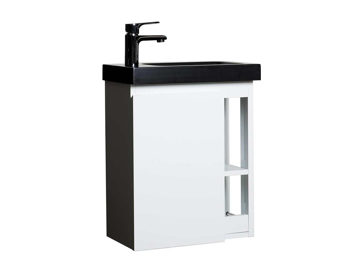 Meuble lave-mains suspendu avec vasque en résine noir - avec rangement latéral