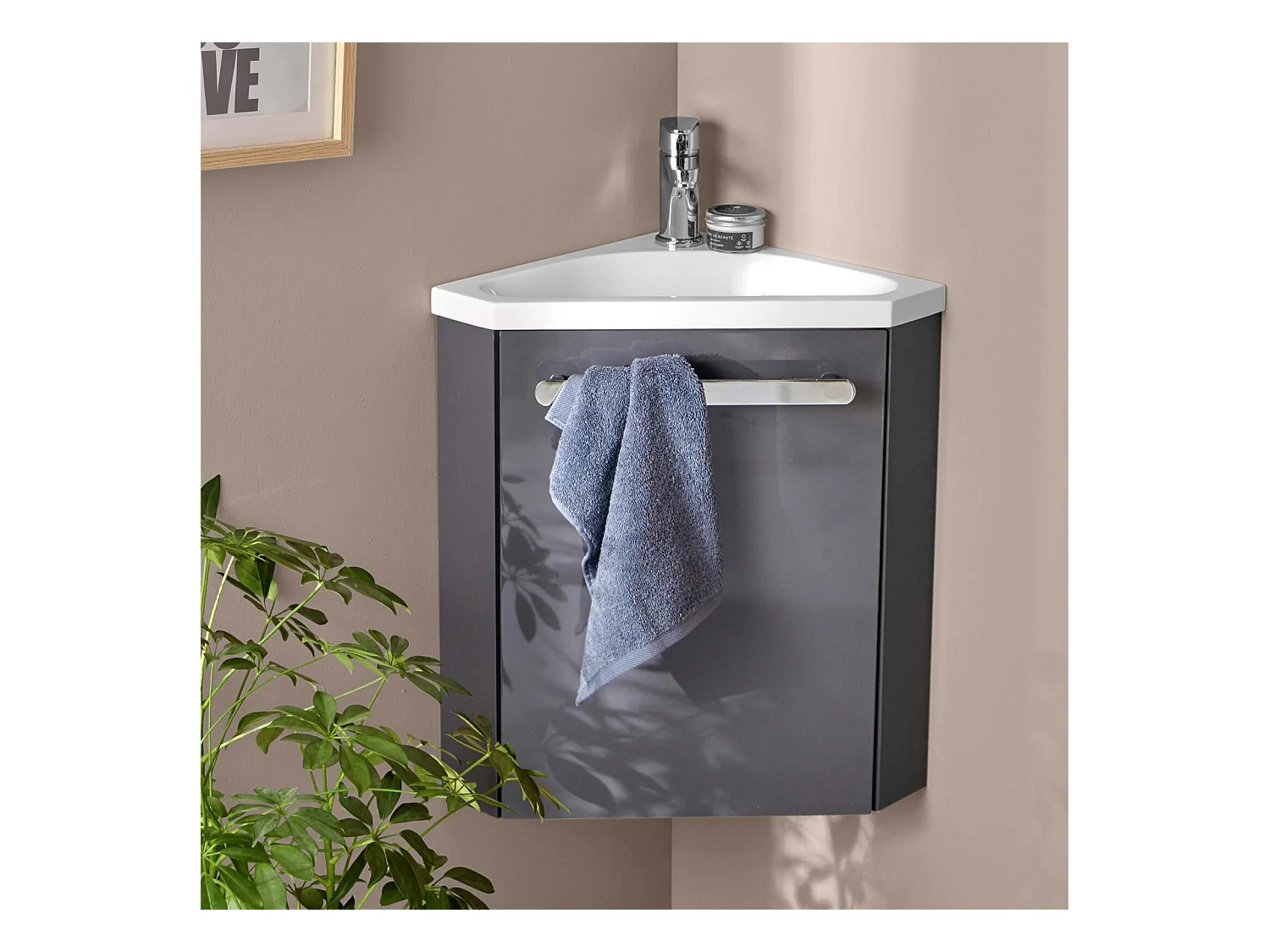 Meuble lave-mains d'angle suspendu avec vasque résine