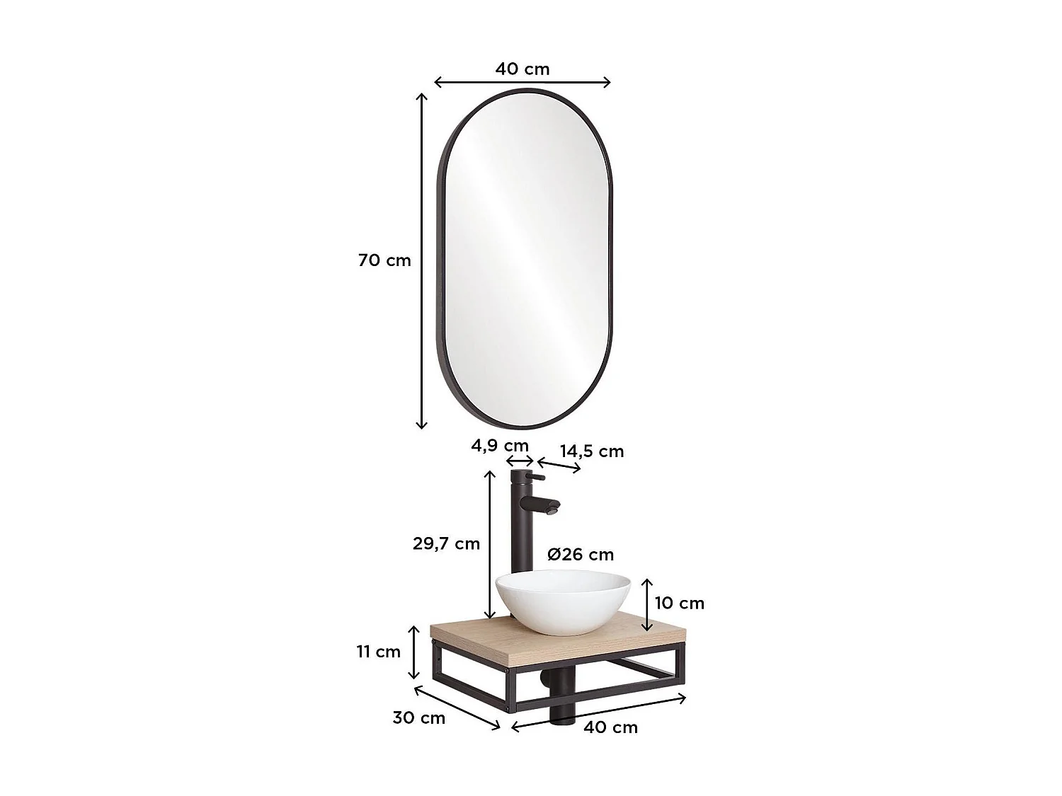Meuble lave-mains plan fin porte-serviettes dessous + vasque blanche + robinet + miroir