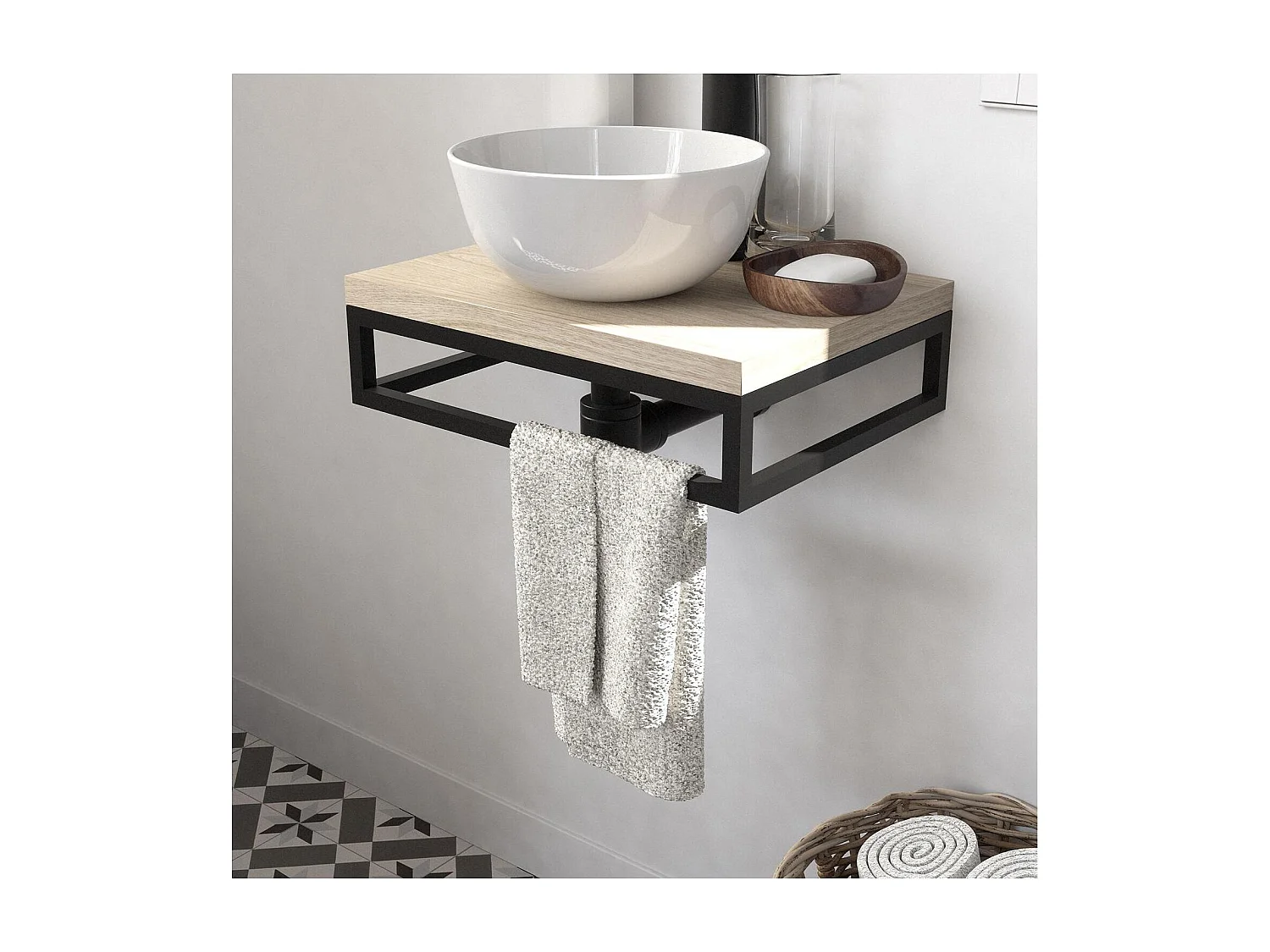 Meuble lave-mains plan fin porte-serviettes dessous + vasque blanche + robinet + miroir