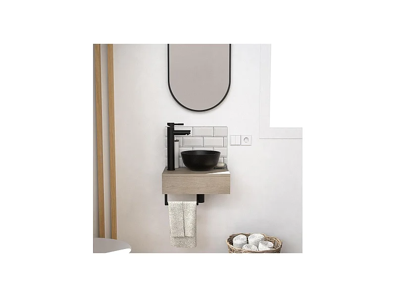 Meuble lave-mains plan épais porte-serviettes dessous + vasque noire + robinet + miroir