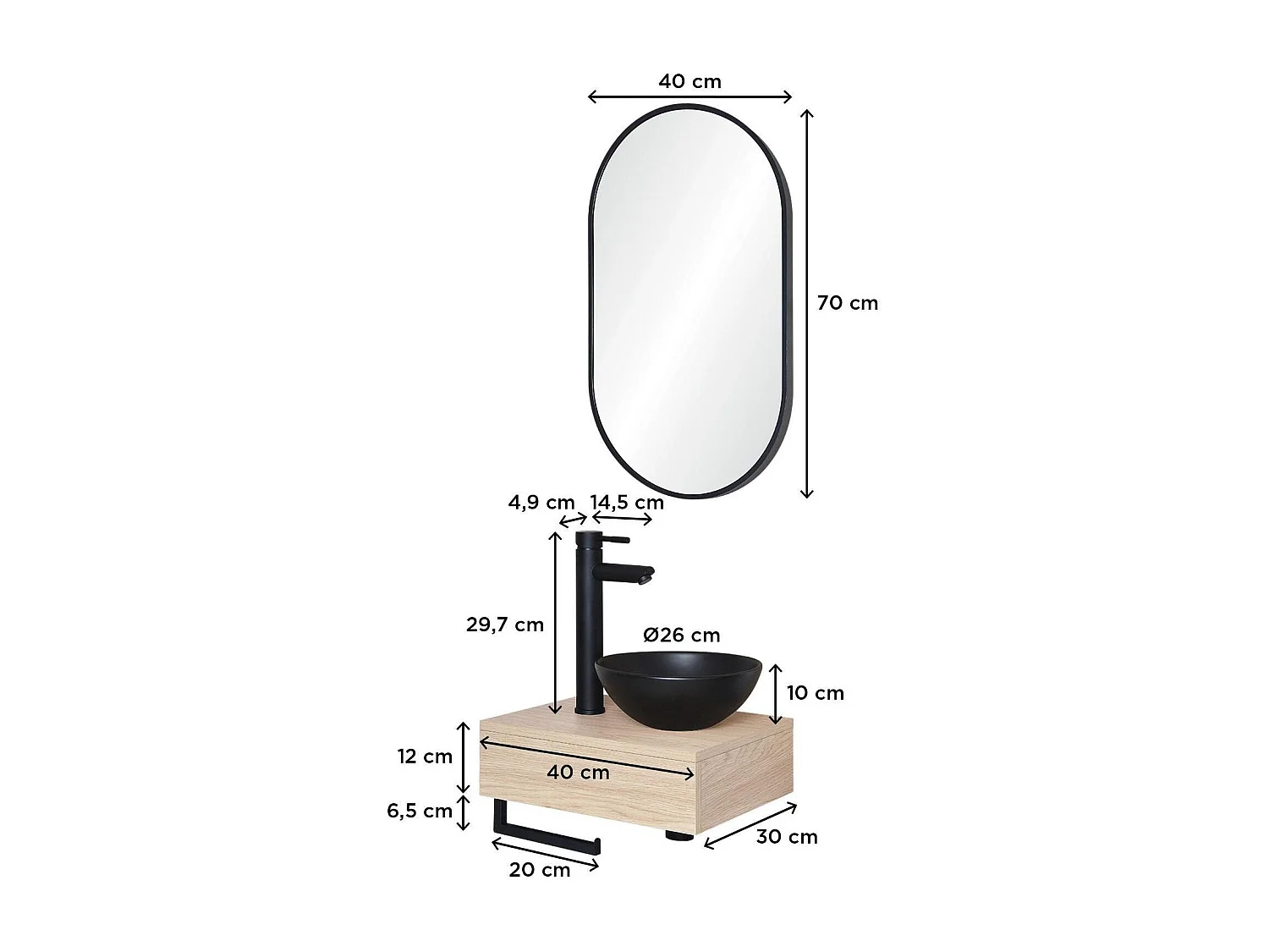 Meuble lave-mains plan épais porte-serviettes dessous + vasque noire + robinet + miroir