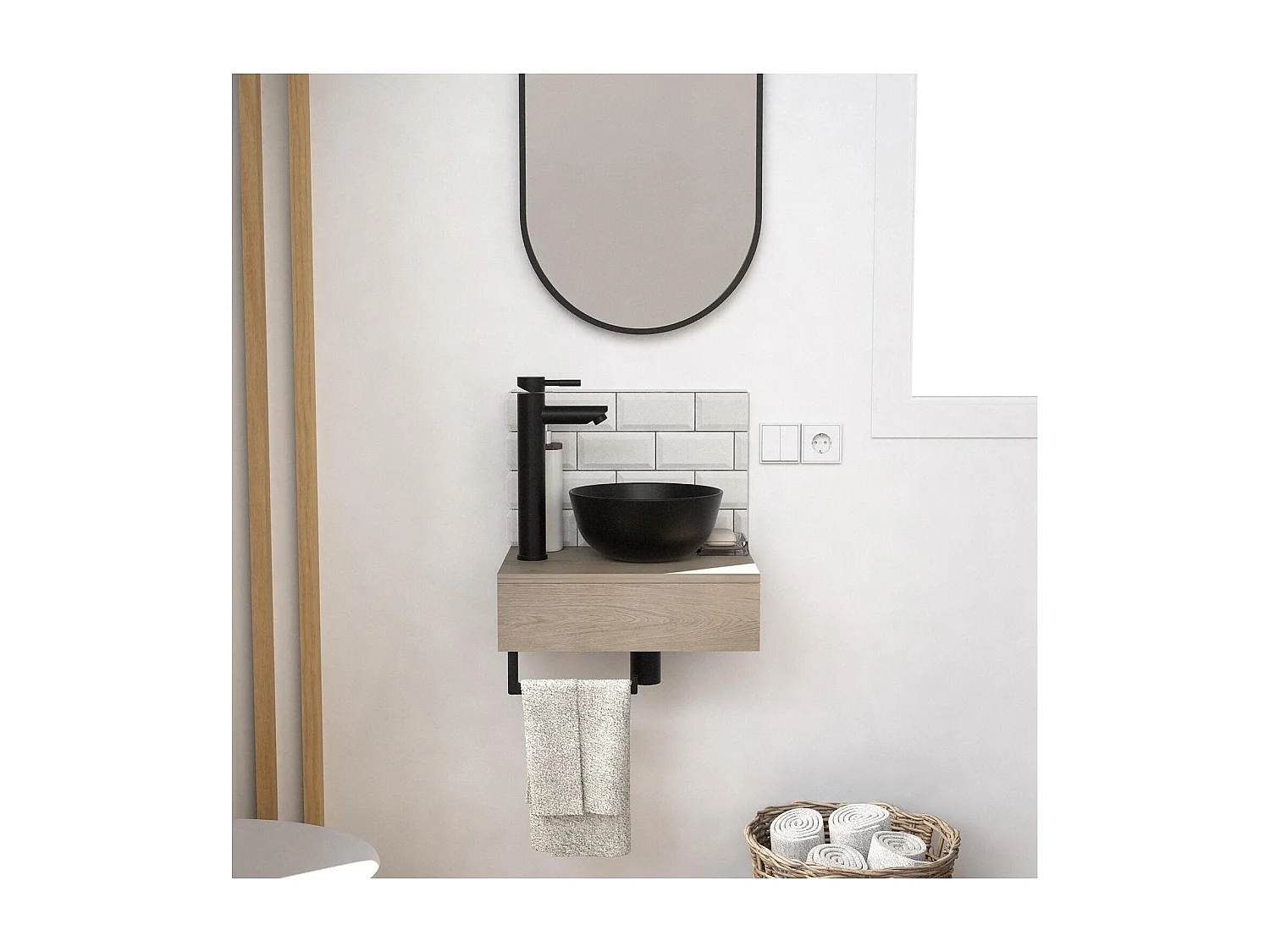 Meuble lave-mains SOHO plan épais vasque noire + robinet + miroir
