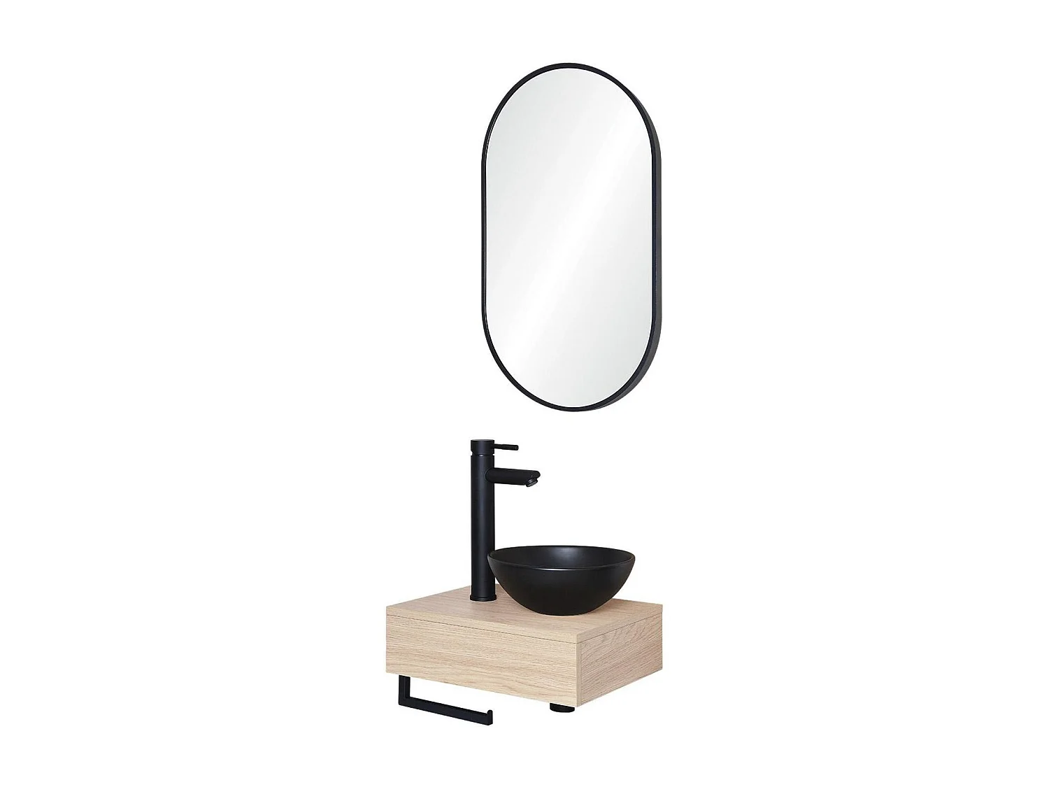 Meuble lave-mains SOHO plan épais vasque noire + robinet + miroir