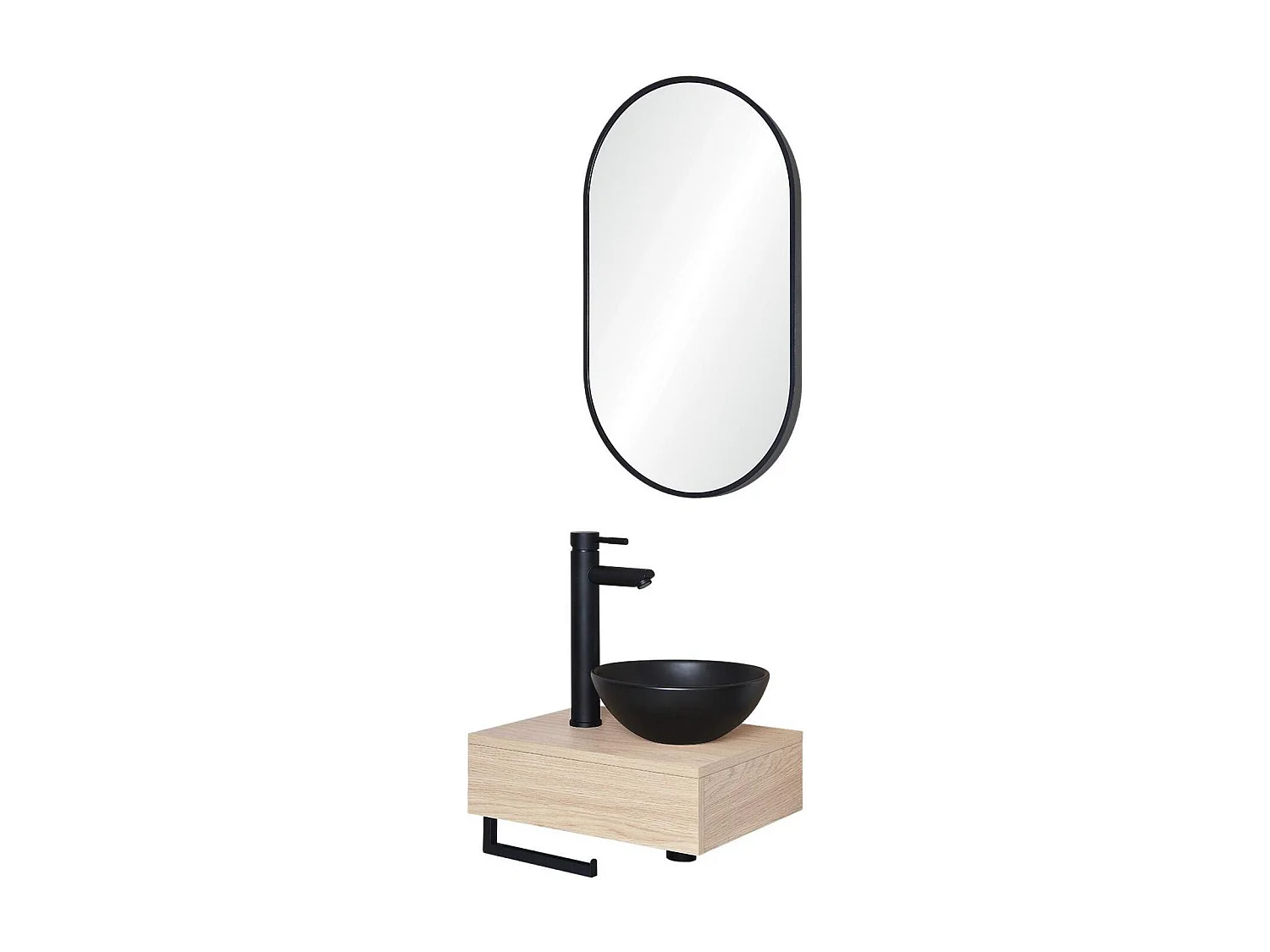 Meuble lave-mains SOHO plan épais vasque noire + robinet + miroir
