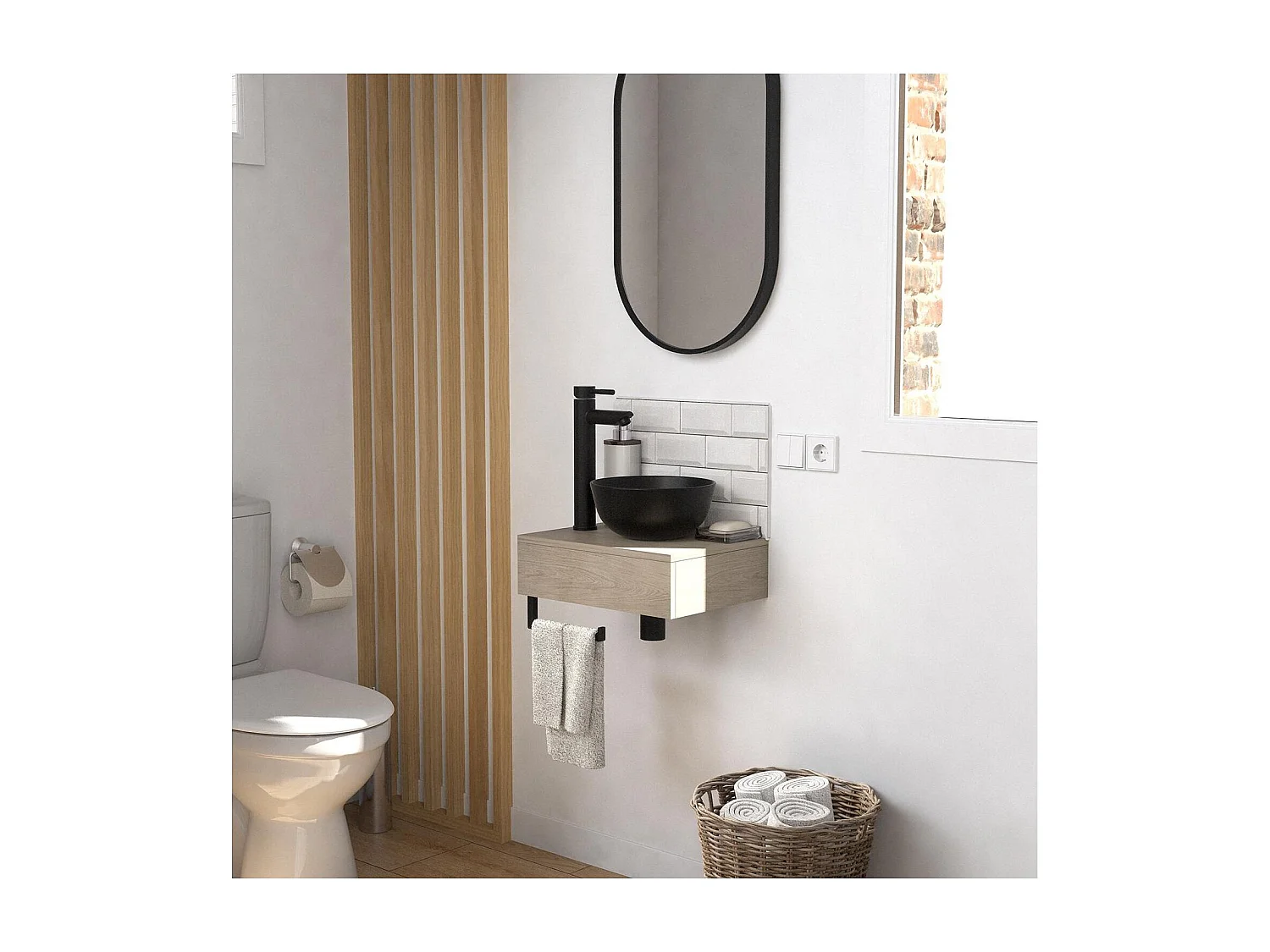 Meuble lave-mains SOHO plan épais vasque noire + robinet + miroir