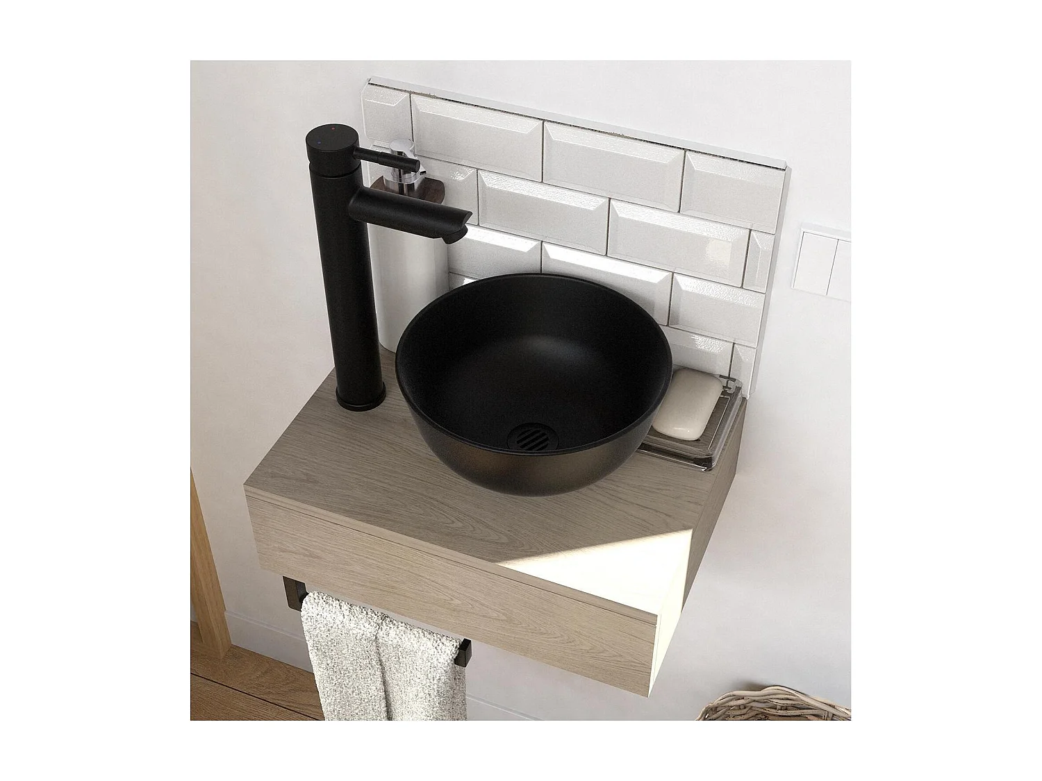 Meuble lave-mains SOHO plan épais vasque noire + robinet + miroir