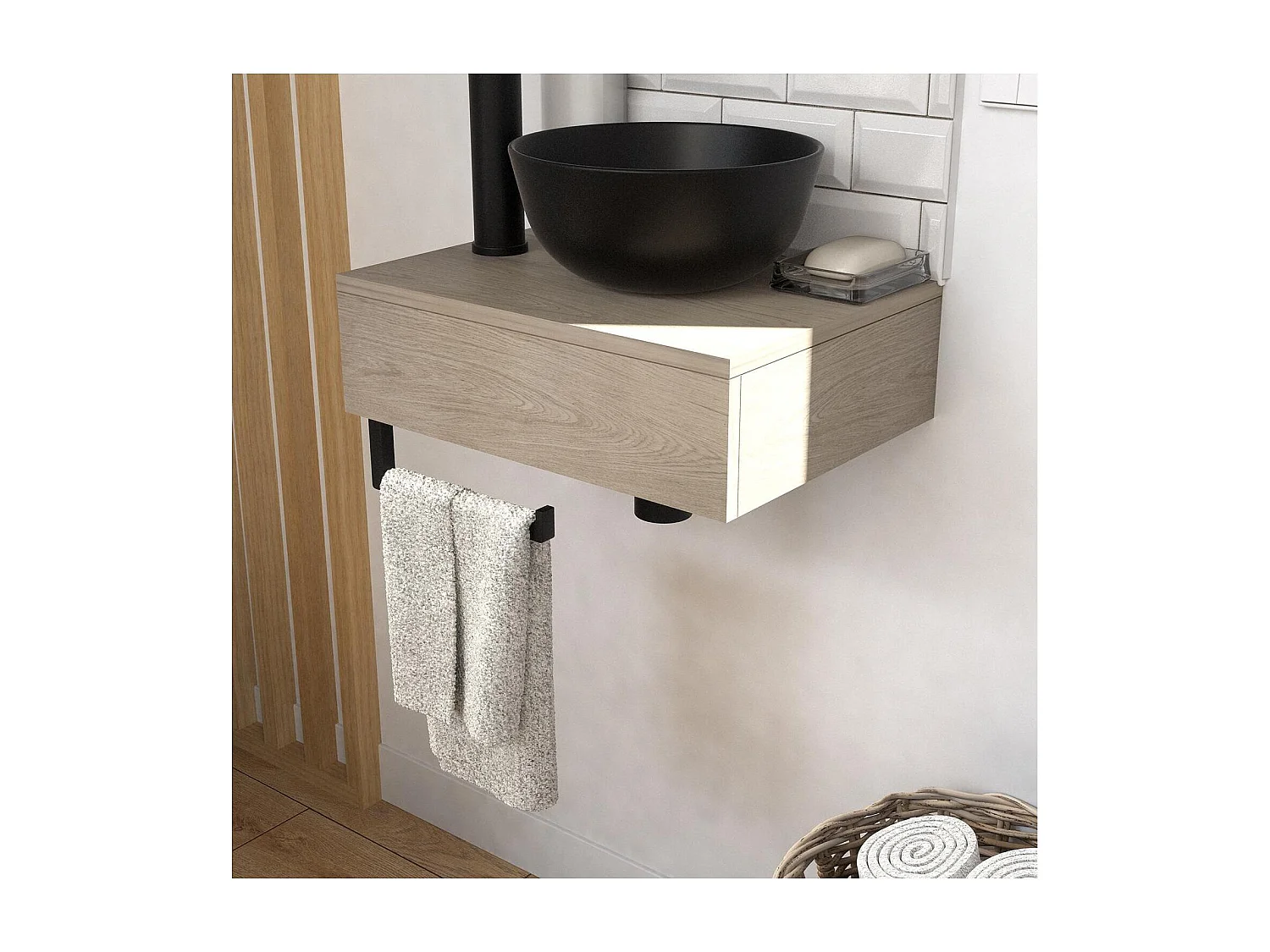 Meuble lave-mains SOHO plan épais vasque noire + robinet + miroir