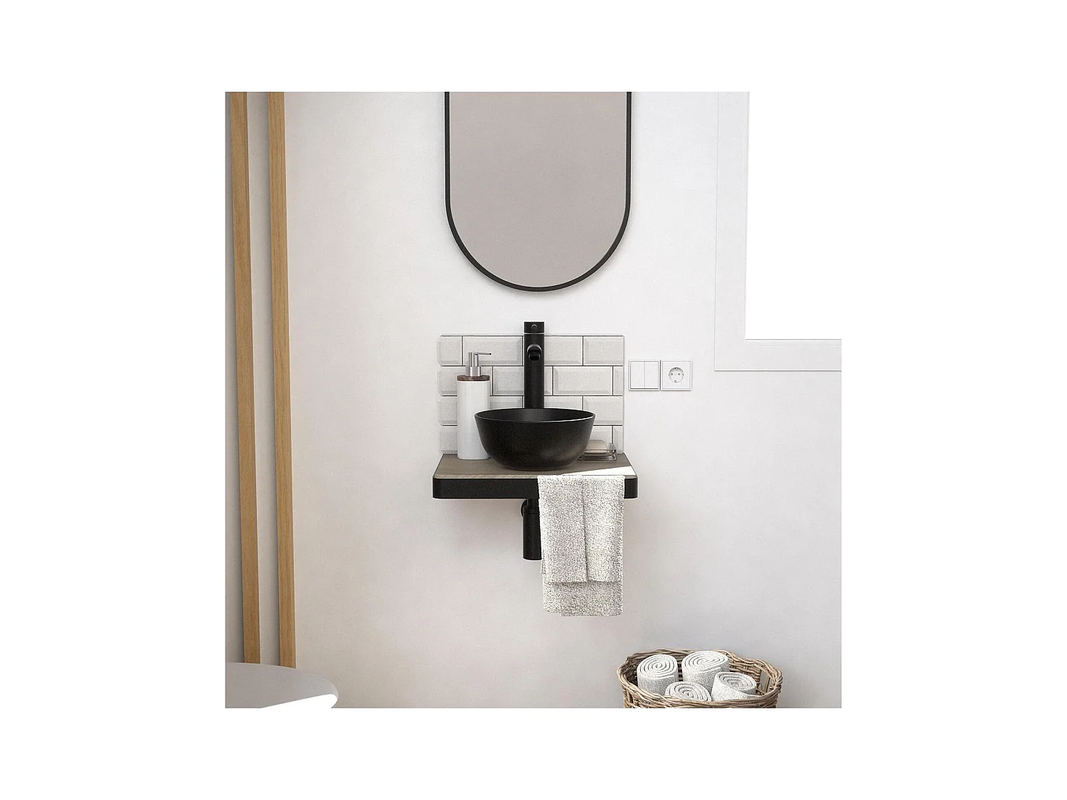 Meuble lave-mains plan fin porte-serviettes face + vasque noire + miroir