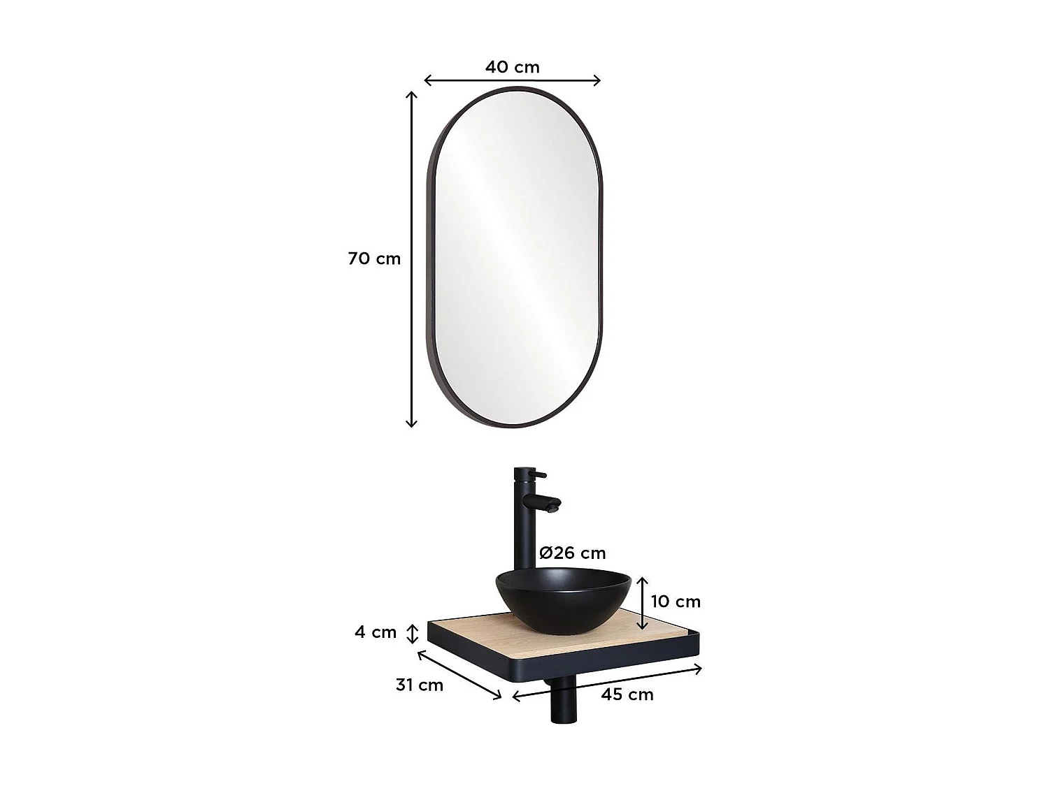Meuble lave-mains SOHO plan fin p-serviette face vasque noire + miroir