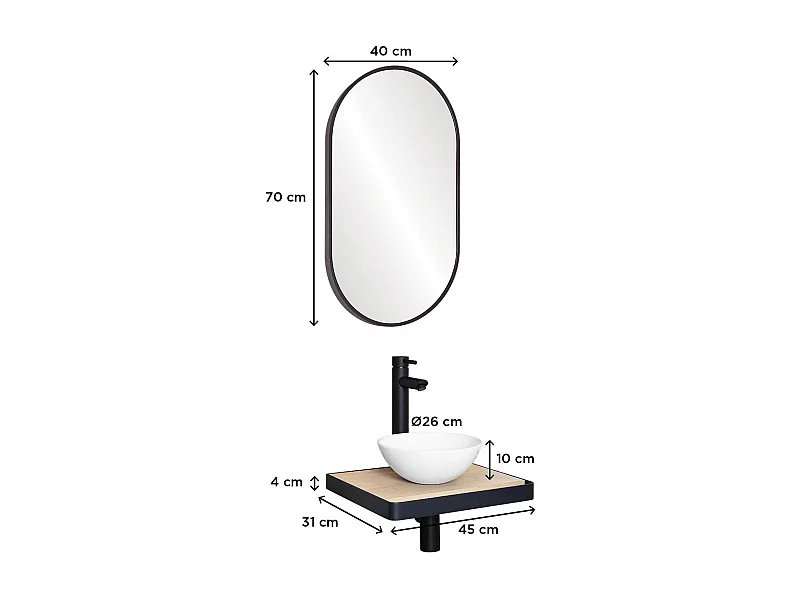 Meuble lave-mains plan fin porte-serviettes face + vasque blanche + miroir