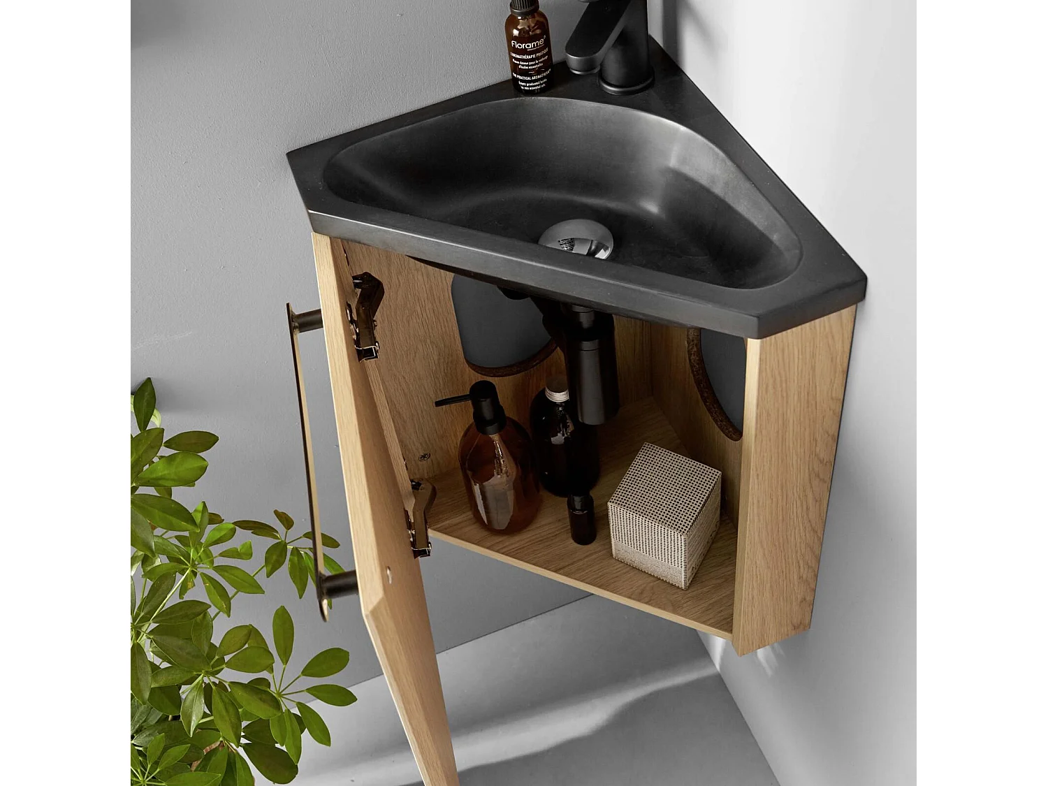 Meuble lave-mains d'angle suspendu avec vasque résine