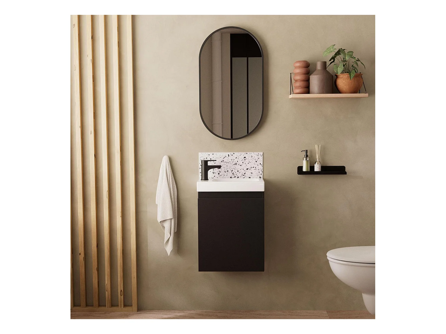 Ensemble lave-mains suspendu avec robinet noir et miroir ovale