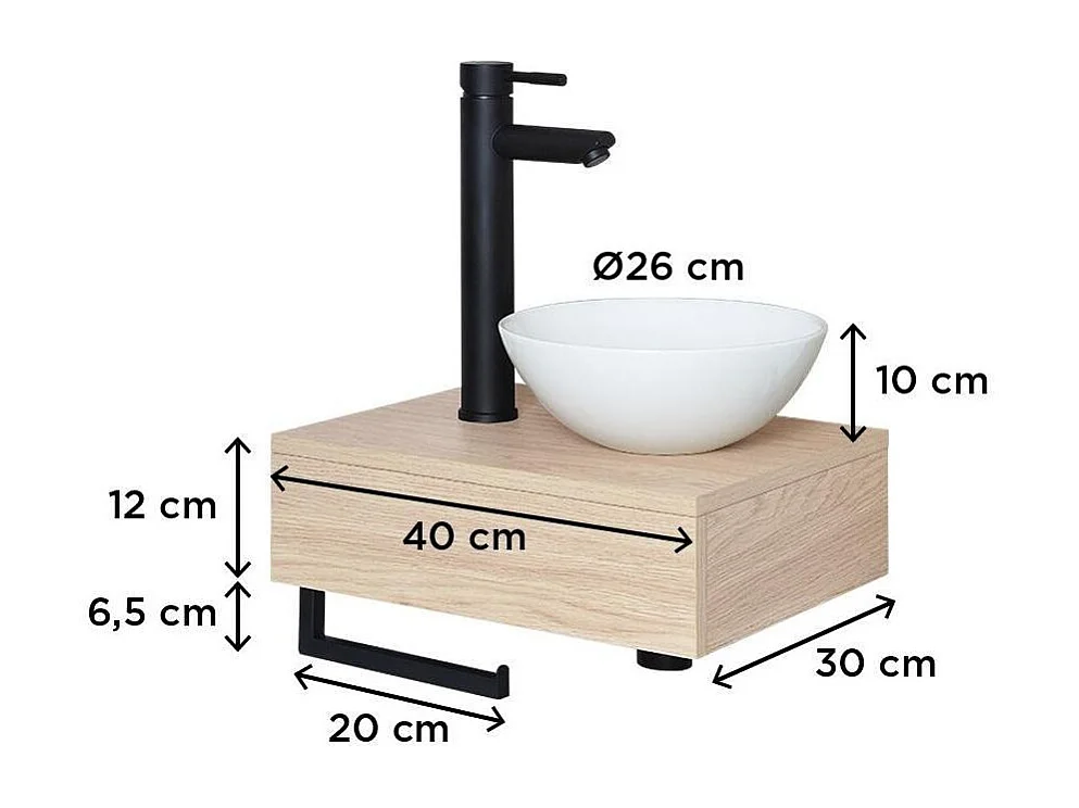 Meuble lave-mains plan épais porte-serviettes dessous + vasque blanche