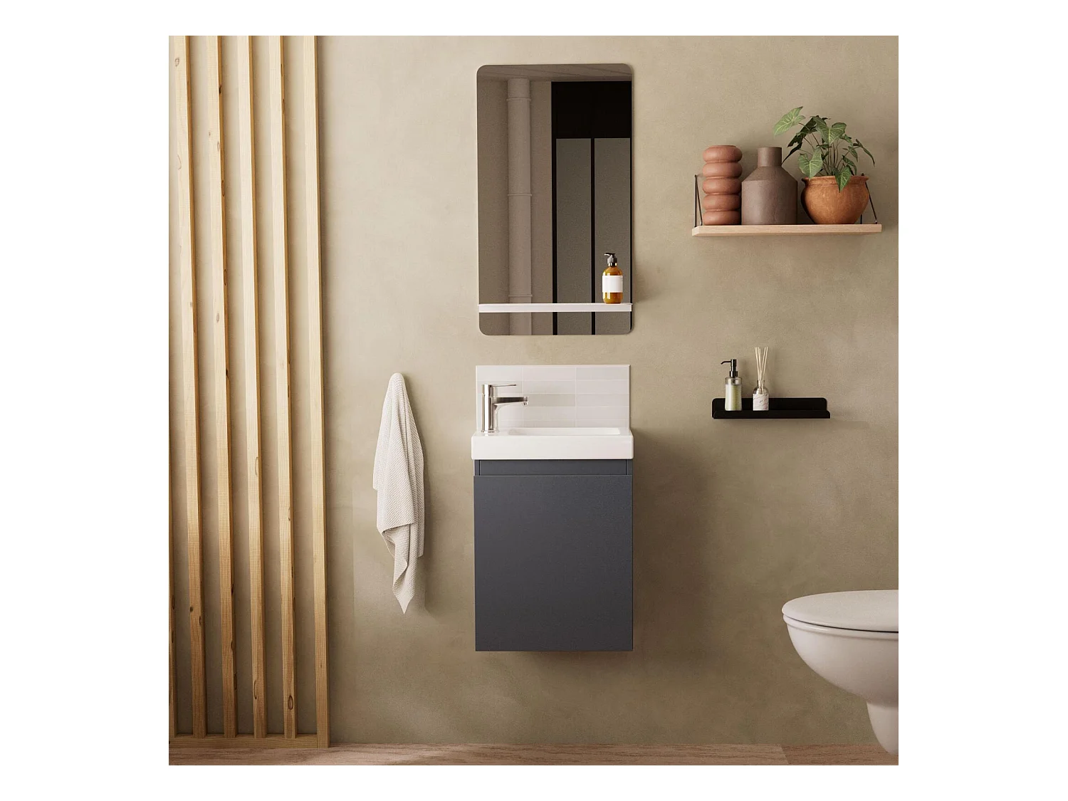 Ensemble lave-mains suspendu avec robinet chromé et miroir tablette