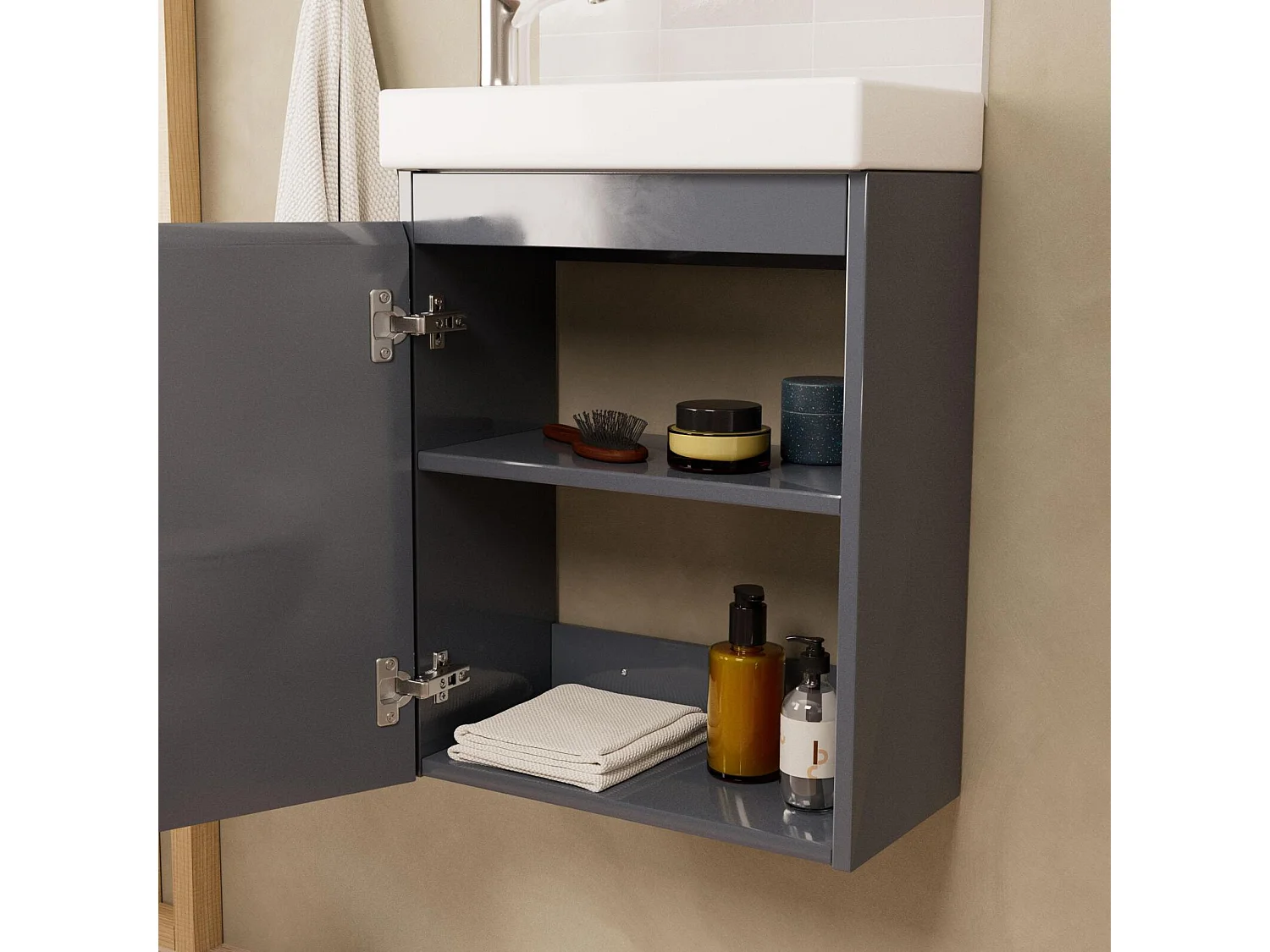 Ensemble lave-mains suspendu avec robinet chromé et miroir tablette