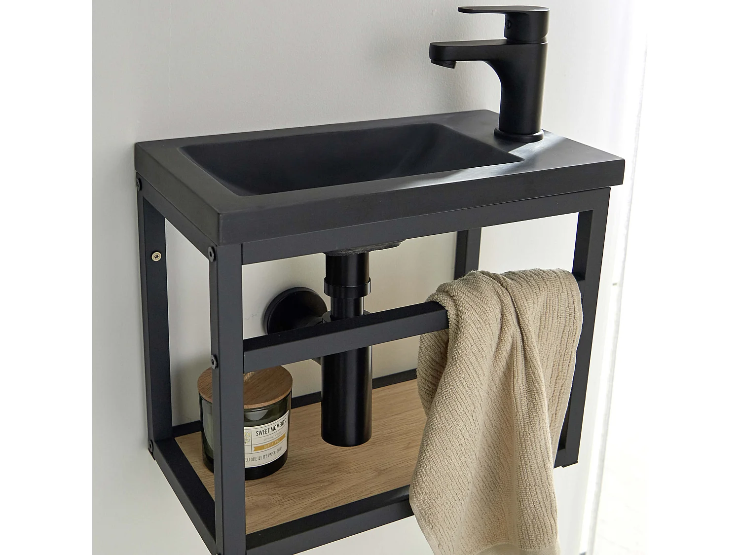 Ensemble lave-mains gain de place avec robinet noir