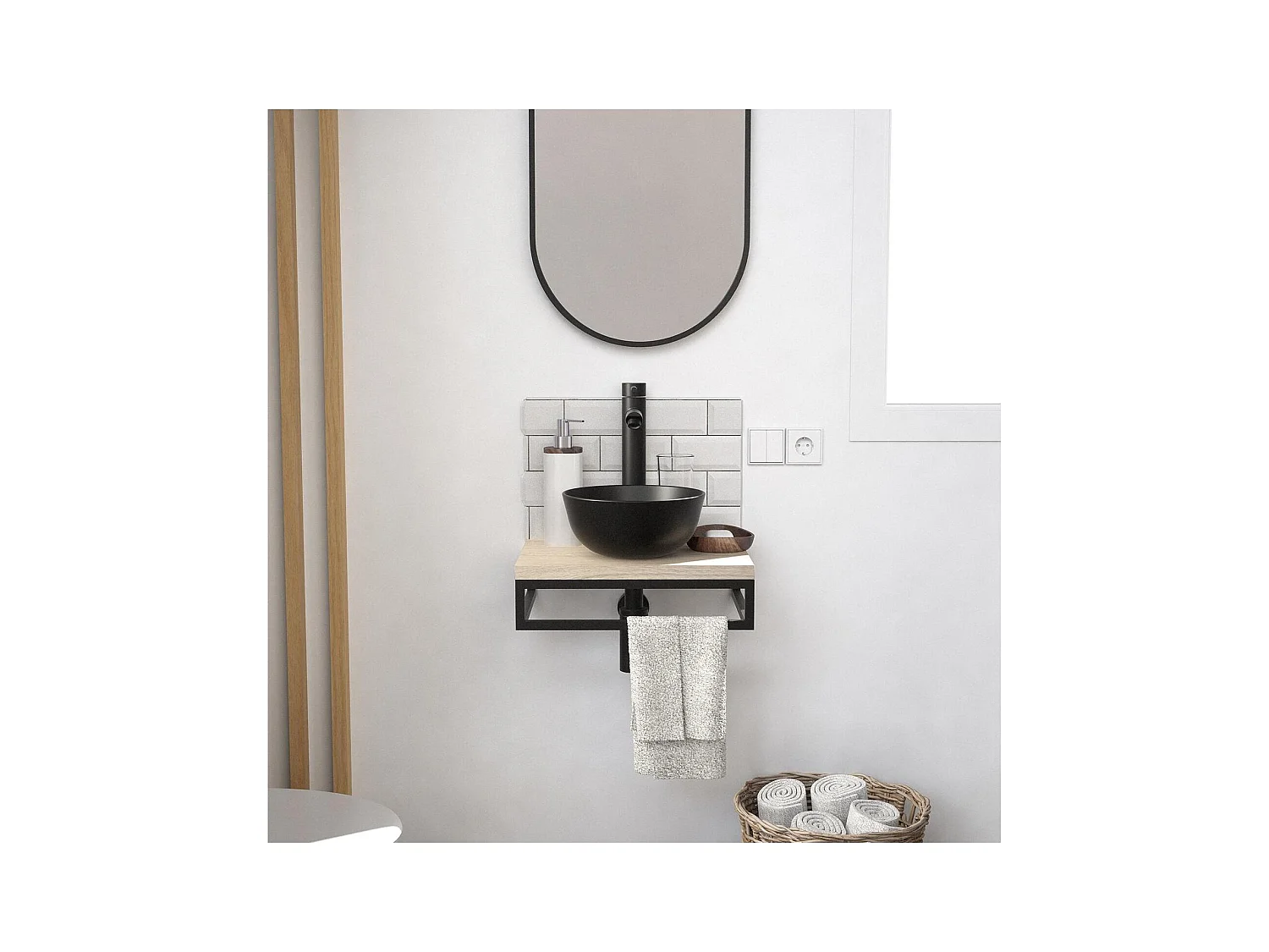Meuble lave-mains plan fin porte-serviettes dessous + vasque noire + robinet + miroir