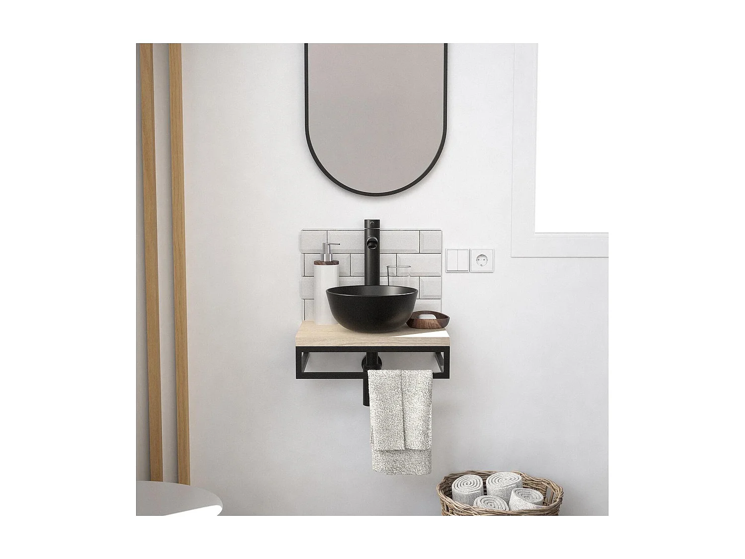 Meuble lave-mains SOHO plan fin p-serviette dessous vasquenoire+rob+miroir