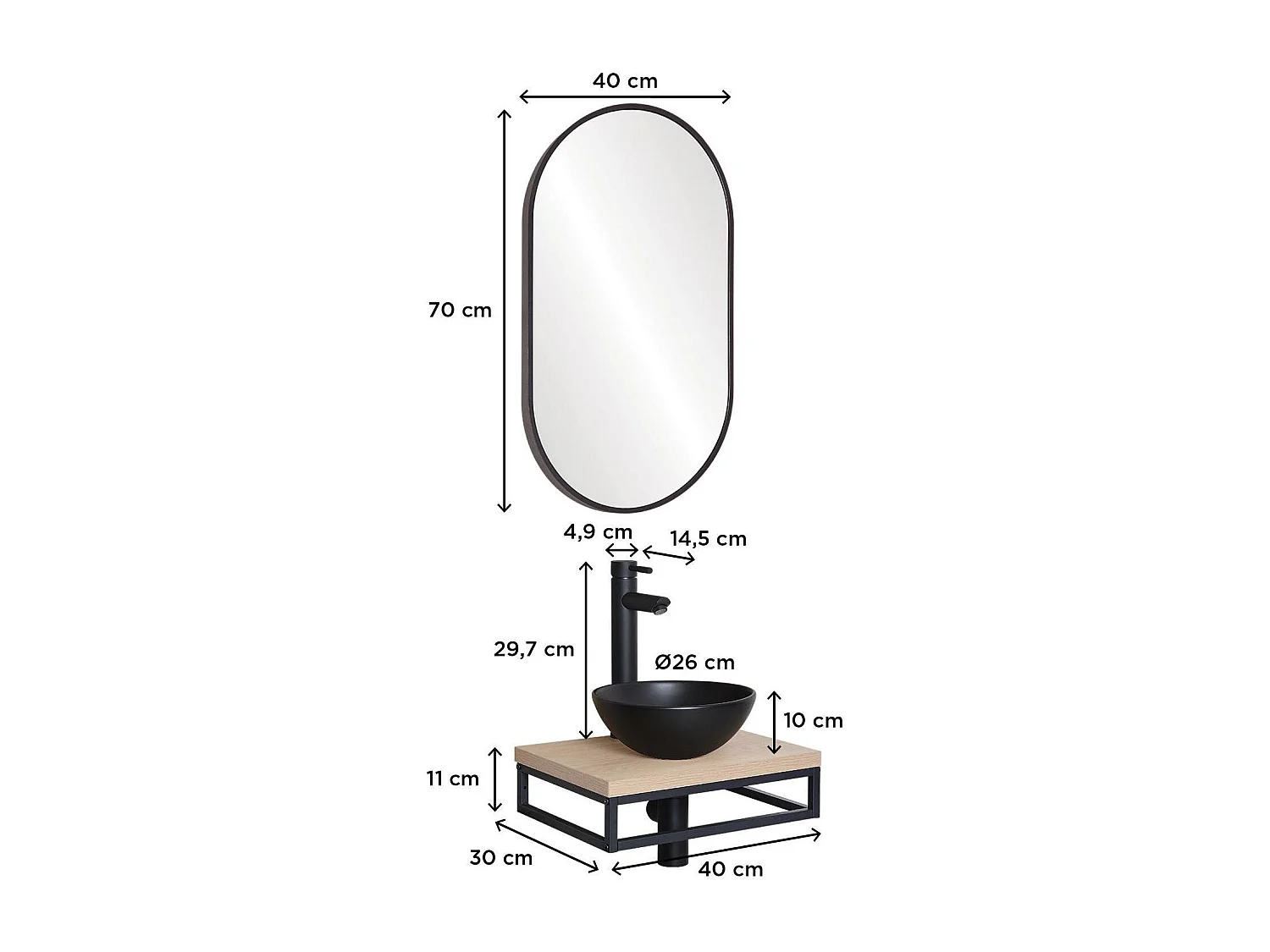 Meuble lave-mains SOHO plan fin p-serviette dessous vasquenoire+rob+miroir