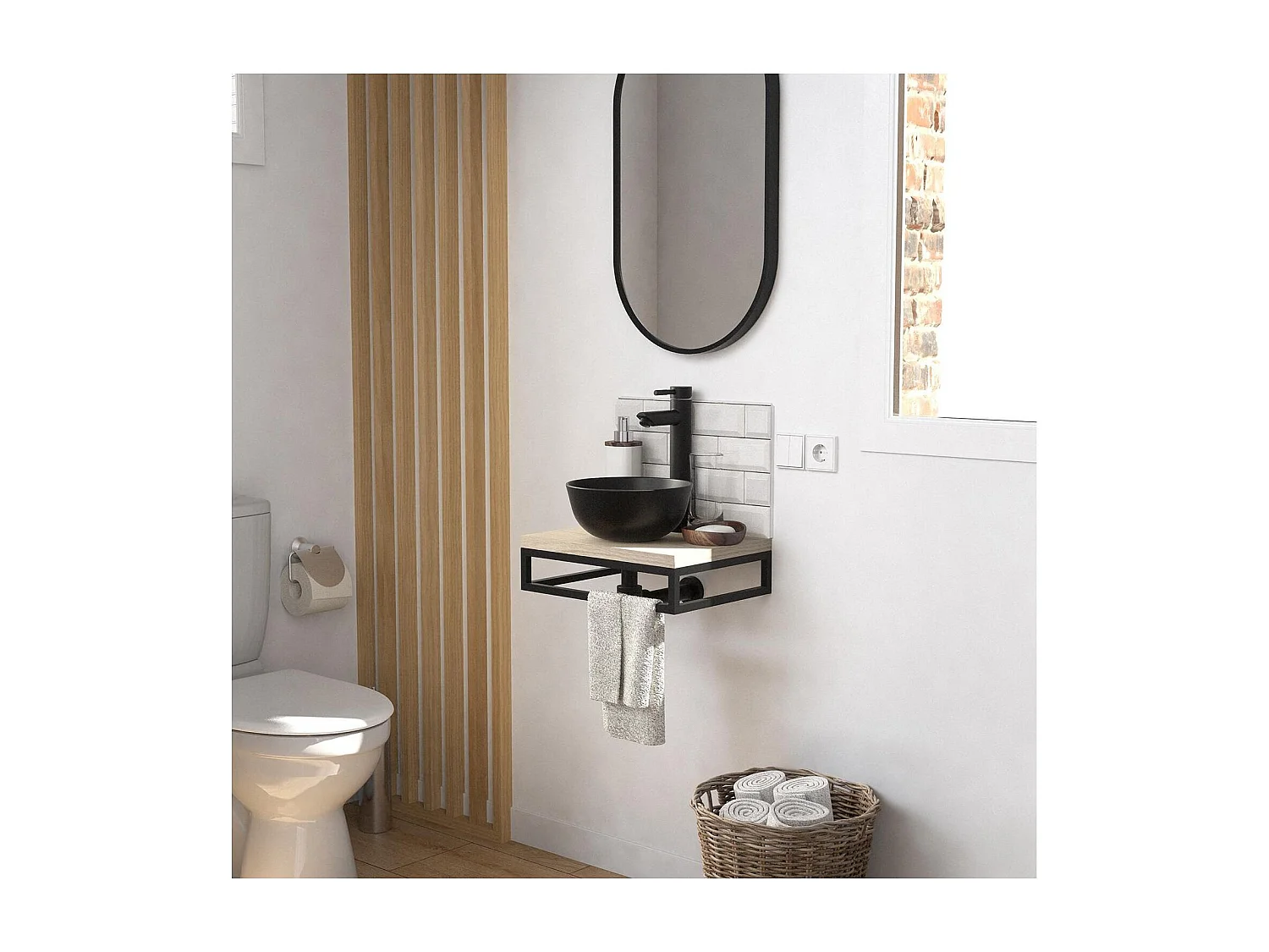 Meuble lave-mains SOHO plan fin p-serviette dessous vasquenoire+rob+miroir
