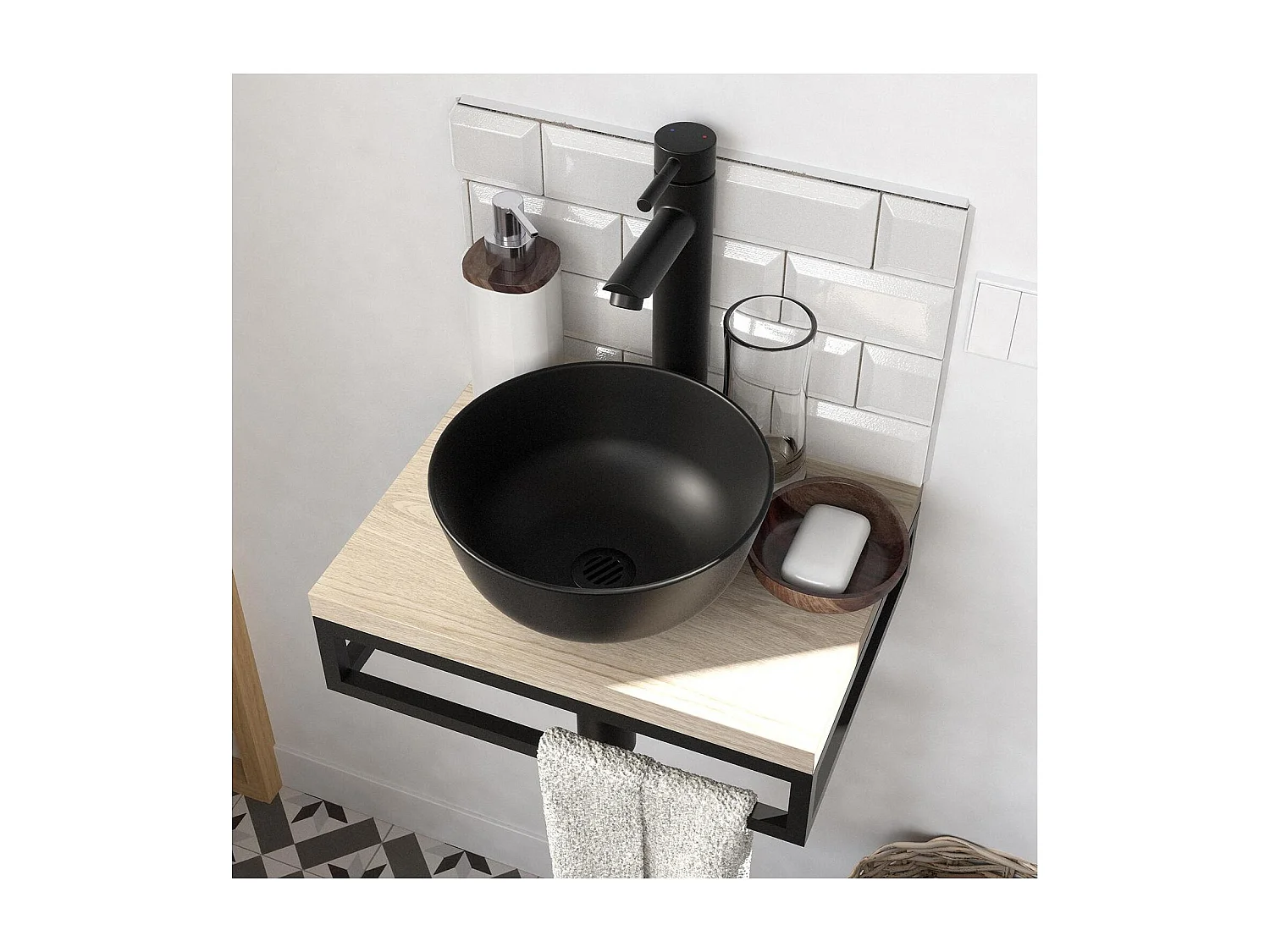 Meuble lave-mains SOHO plan fin p-serviette dessous vasquenoire+rob+miroir