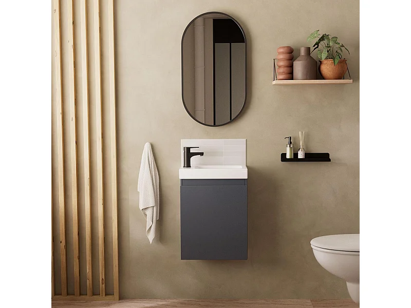 Ensemble lave-mains suspendu avec robinet noir et miroir ovale