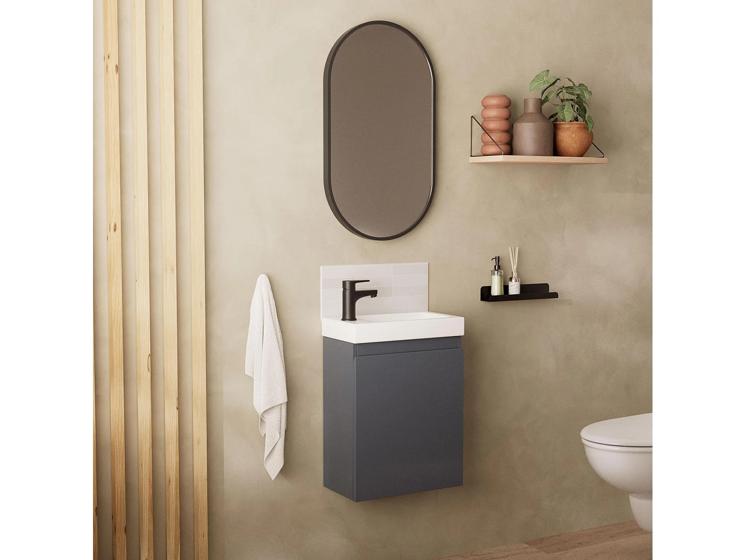 Ensemble lave-mains suspendu avec robinet noir et miroir ovale
