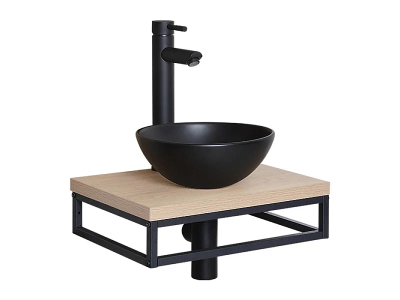 Meuble lave-mains SOHO plan fin p-serviette dessous vasque noire+robinet