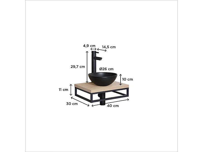 Meuble lave-mains SOHO plan fin p-serviette dessous vasque noire+robinet
